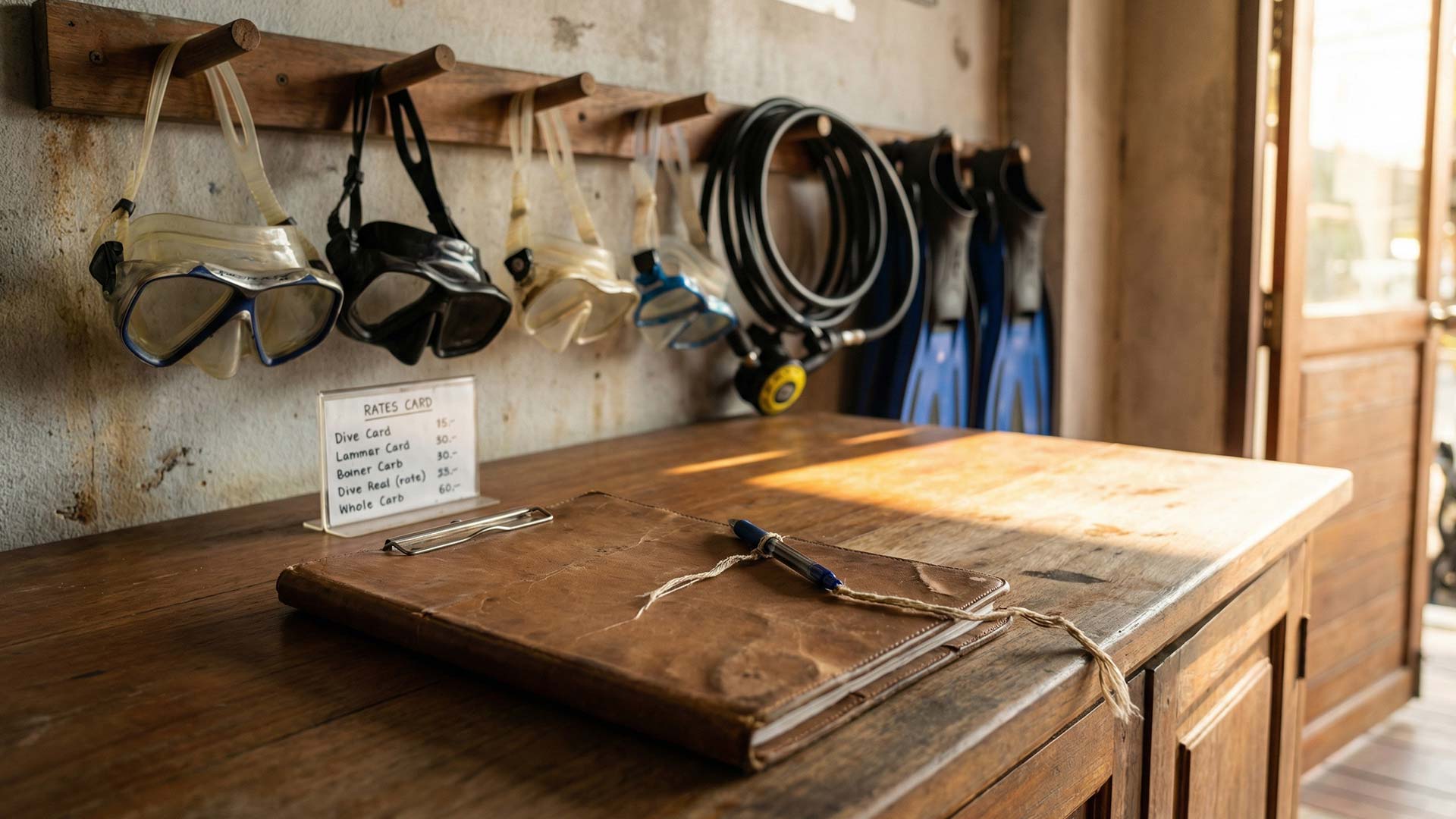 Dive shop counter with a leather booking ledger, rates card, snorkelling masks, fins, and regulators hanging from a wooden rack in warm morning light