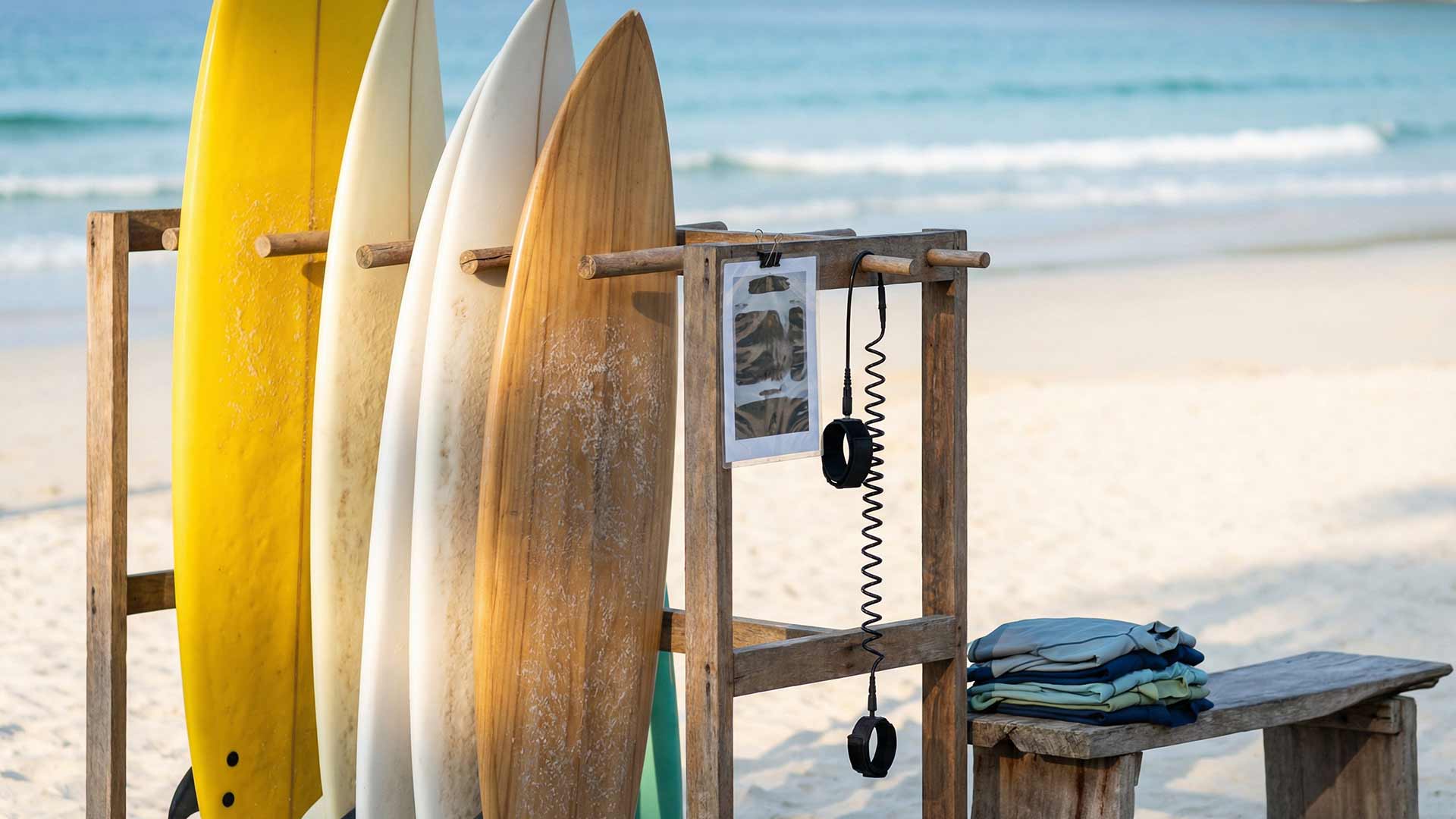 Wooden surfboard rack on Nai Harn Beach with yellow, white, and natural boards, leash coils, folded rash guards, and turquoise waves breaking in the background