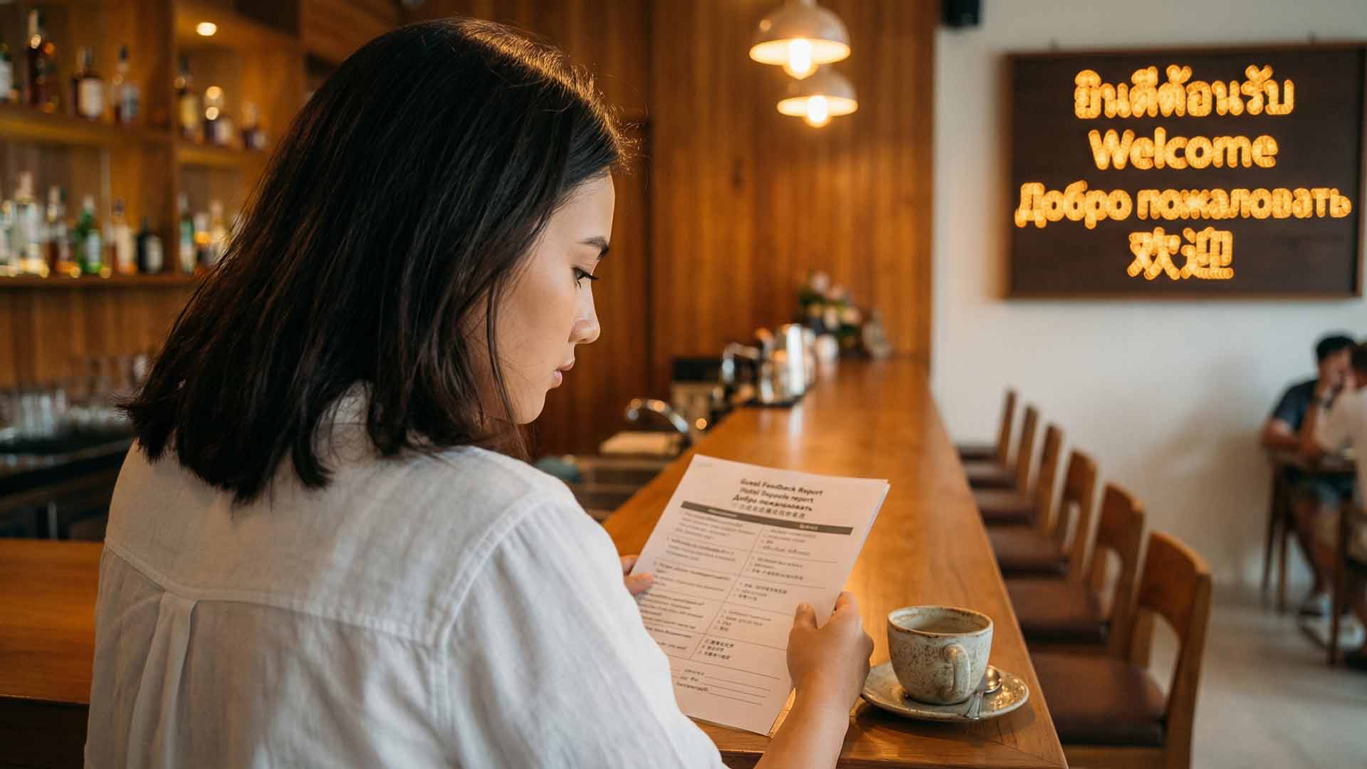 Siyu reviewing a multilingual guest feedback report at a warm-lit teak bar counter with a ceramic coffee cup and a Thai-Russian-Chinese welcome sign glowing behind her