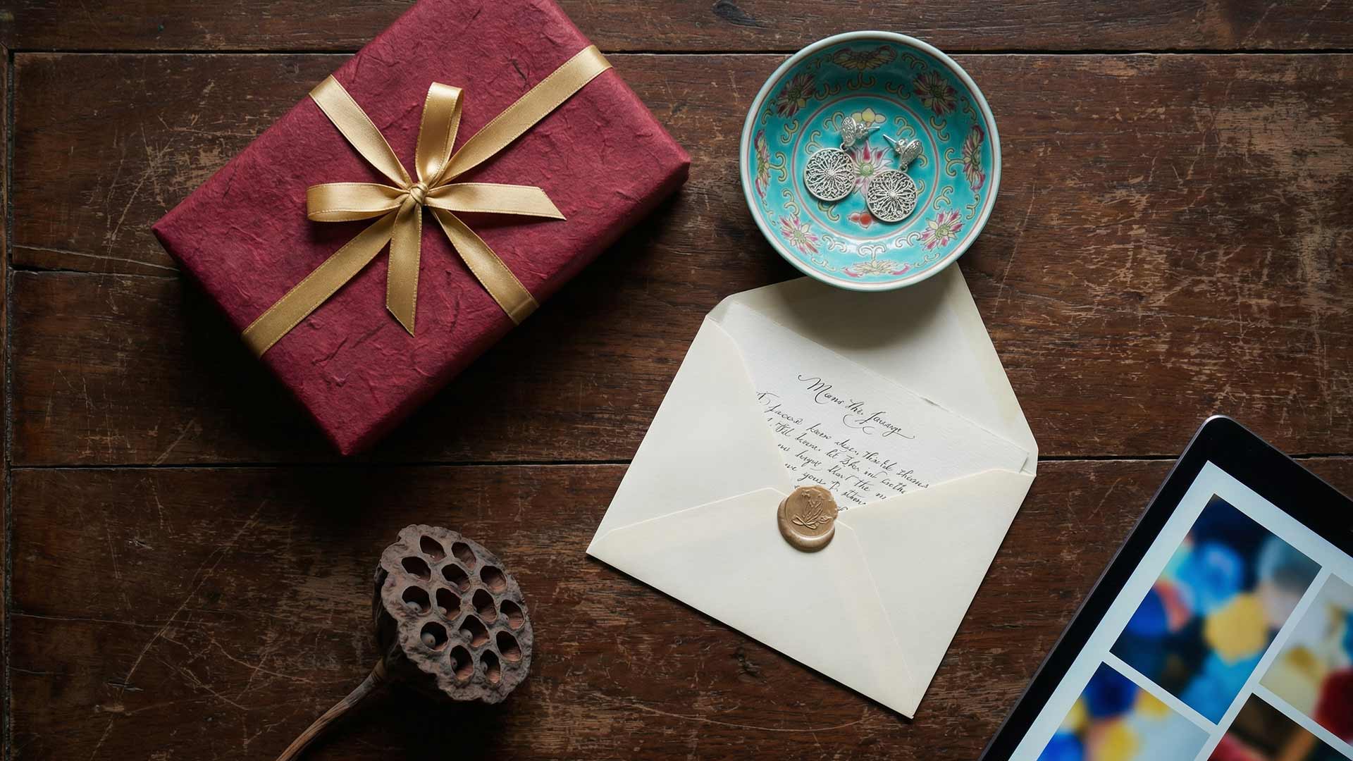 Flat lay of heritage Phuket gifts on a weathered teak table with mulberry paper box with gold ribbon, Peranakan bowl with silver earrings, wax-sealed letter, and tablet