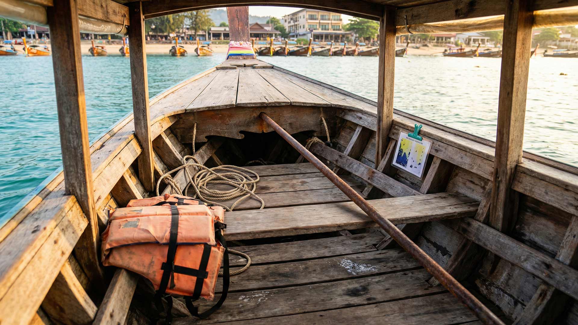 Interior of a Rawai longtail boat with weathered teak planks, coiled rope, orange life jacket, and a laminated tour route card clipped to the canopy frame with turquoise water and moored fleet beyond