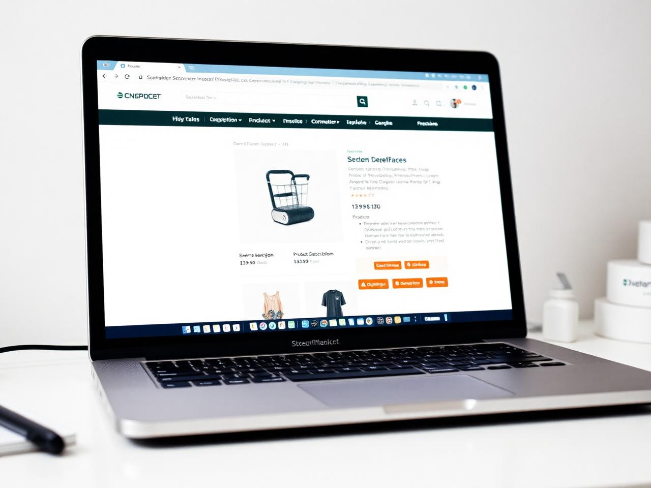 Laptop showing ecommerce product page with SEO optimization overlay