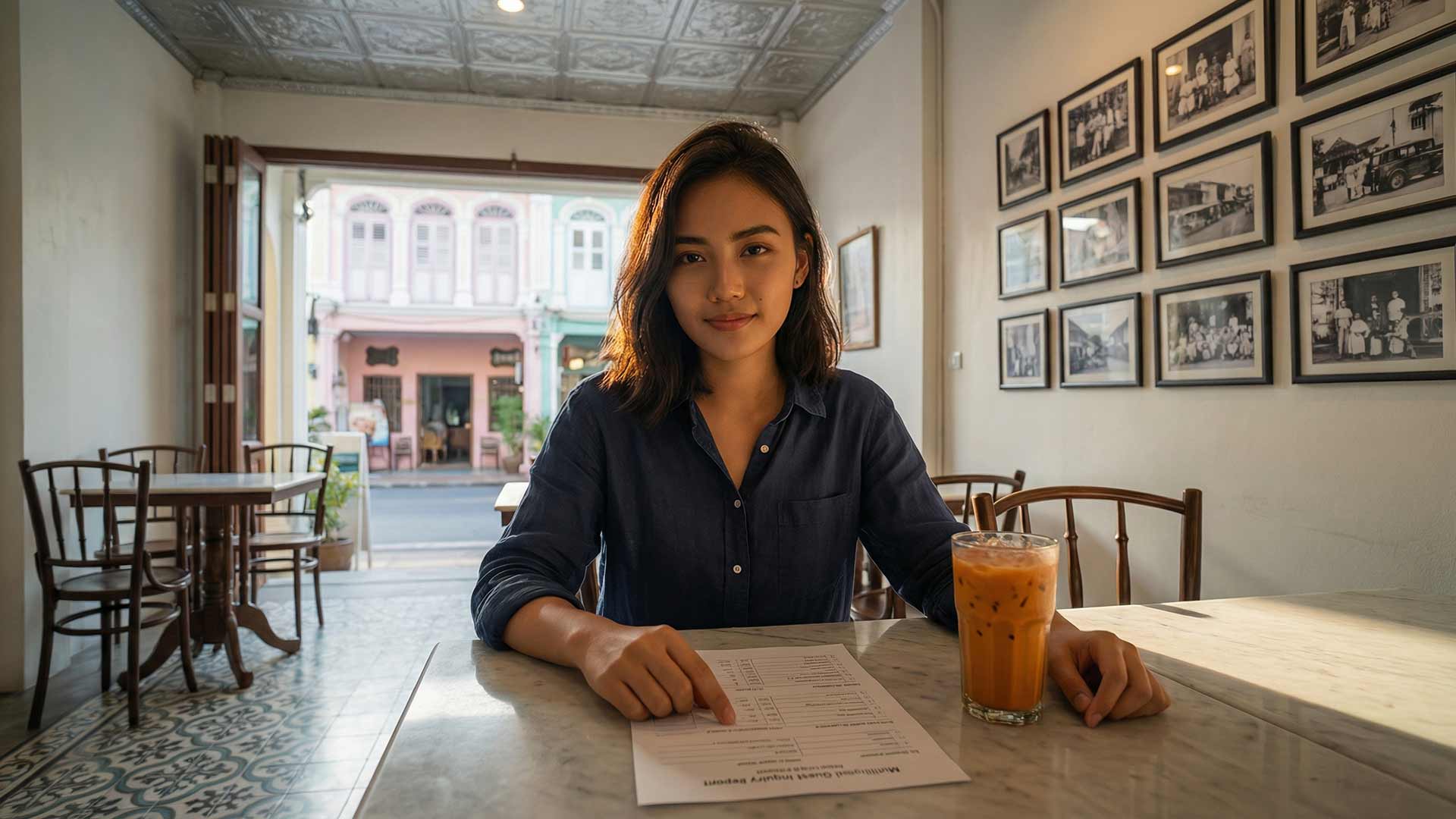 Siyu seated at a marble table in a vintage Sino-Portuguese cafe with Thai iced tea, guest inquiry report, and framed heritage photographs on the wall behind her
