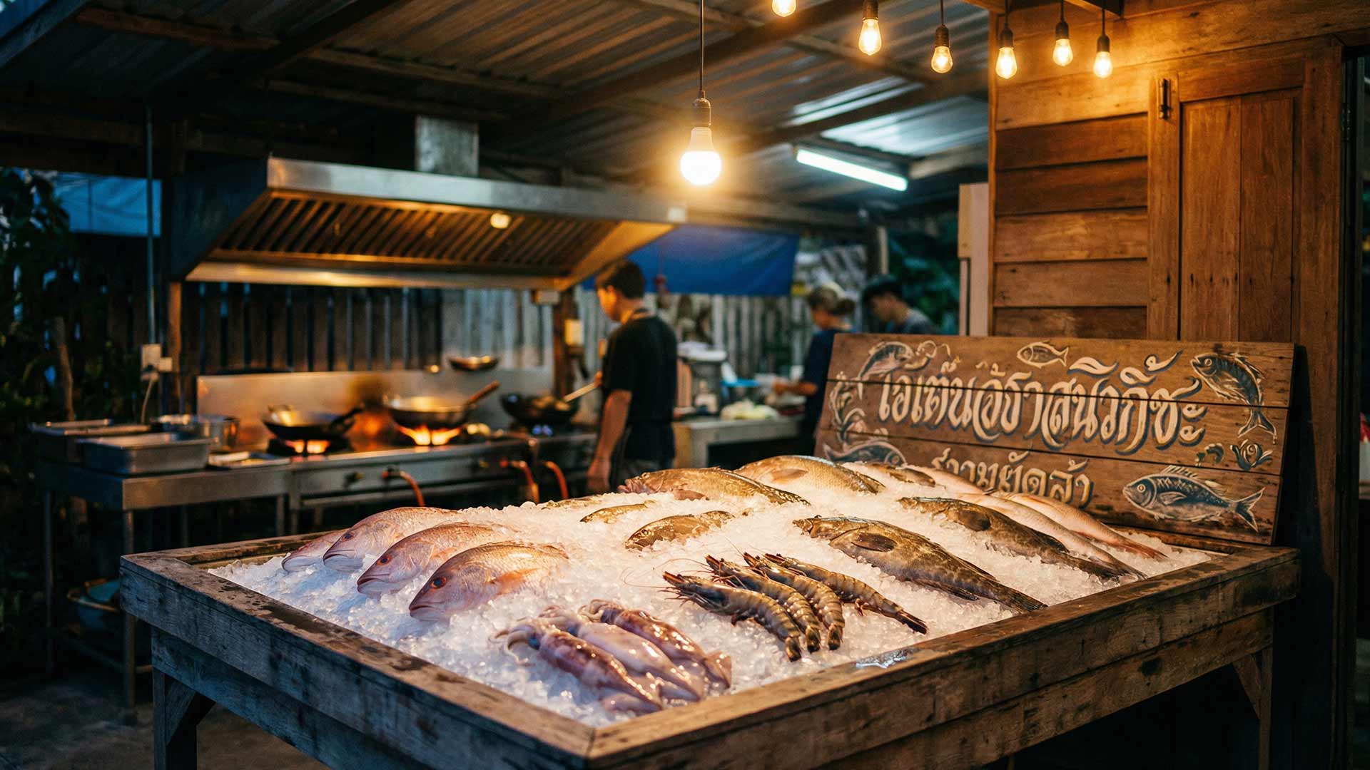 Fresh fish and prawns on crushed ice beside a hand-painted Thai wooden sign under warm Edison bulbs at a pier seafood restaurant with a wok-station cook in the background