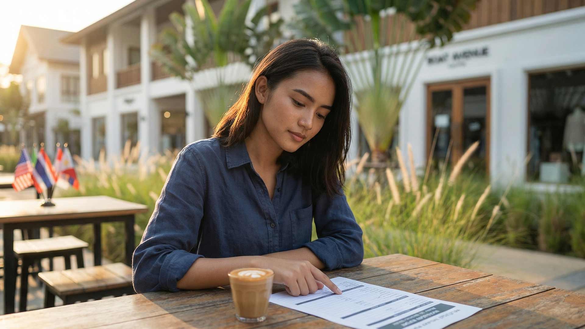 Siyu reviewing a business performance report at an outdoor brunch cafe in Cherng Talay with latte art and golden hour light