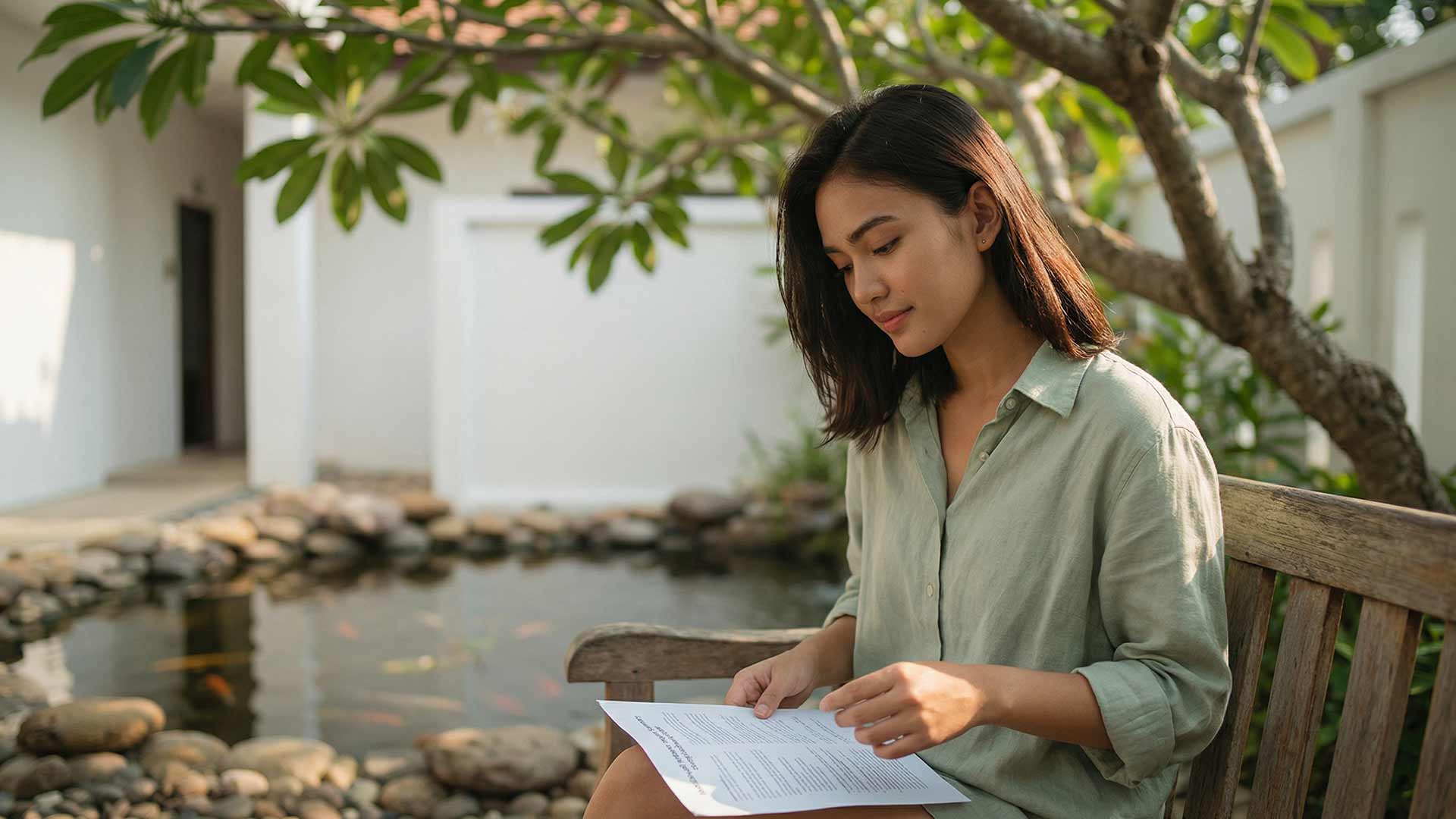 Siyu reading a performance report on a teak bench beside a koi pond in a tranquil Old City wellness courtyard