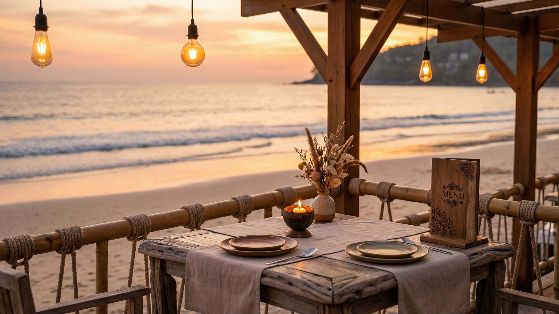 Beachfront restaurant table set for dinner at sunset on Kamala Beach with Edison bulbs, coconut candle, and wooden menu stand