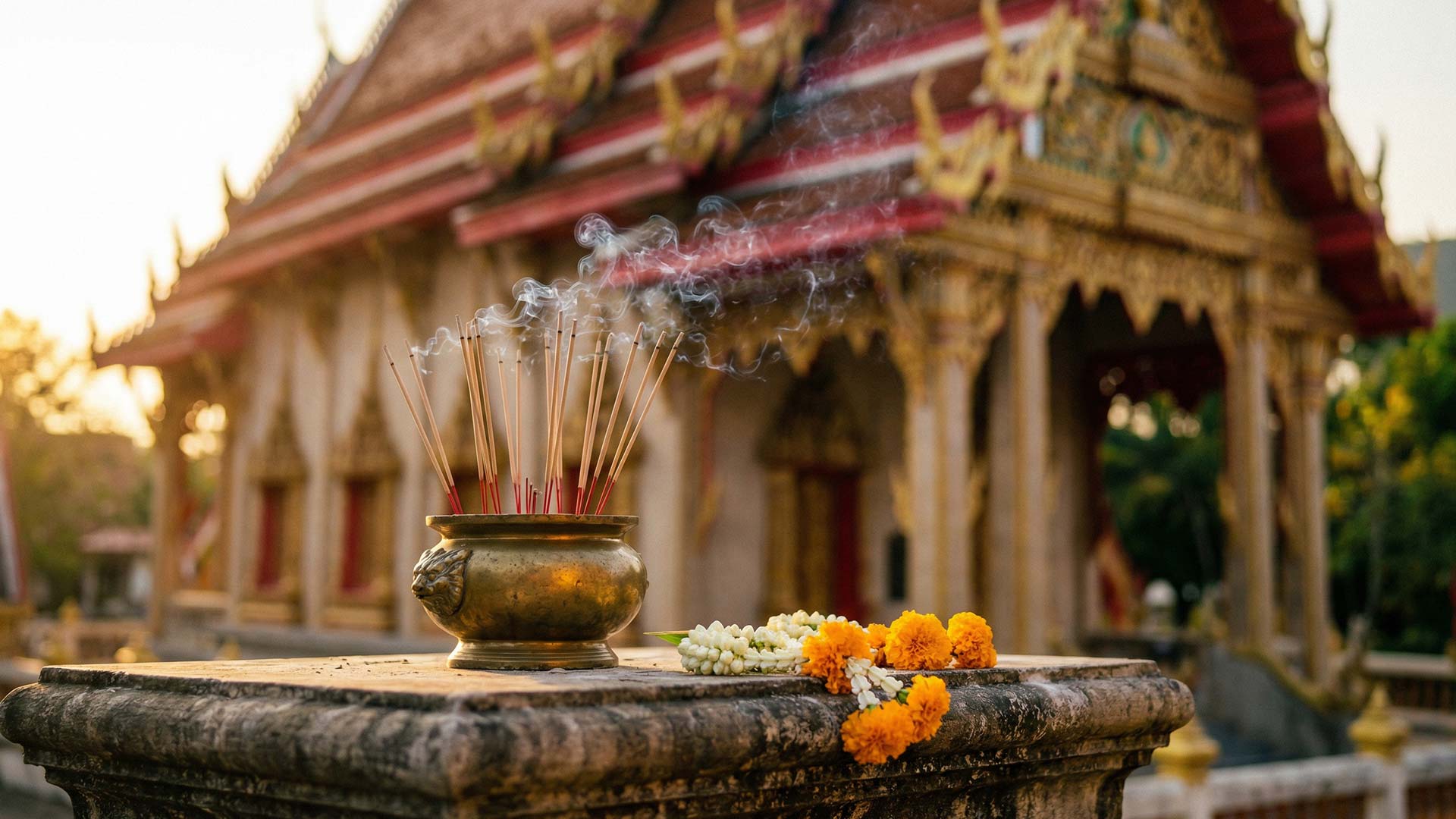Brass incense burner with rising smoke and marigold garlands on a weathered stone ledge in front of an ornate golden Thai temple at sunset