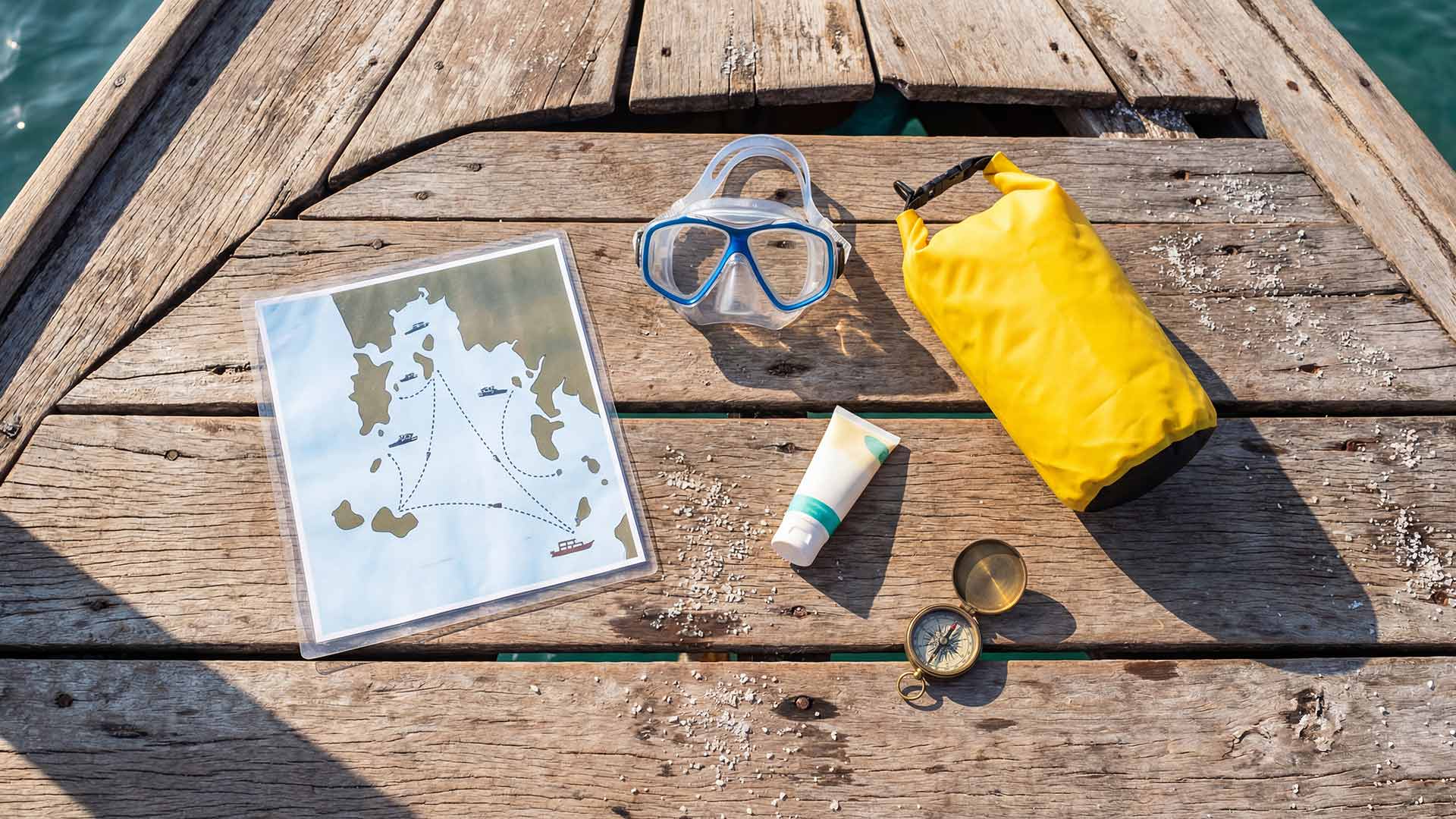 Flat-lay on a sun-bleached wooden pier with an island-hopping route map, snorkelling mask, yellow dry bag, sunscreen, and brass compass with turquoise water below