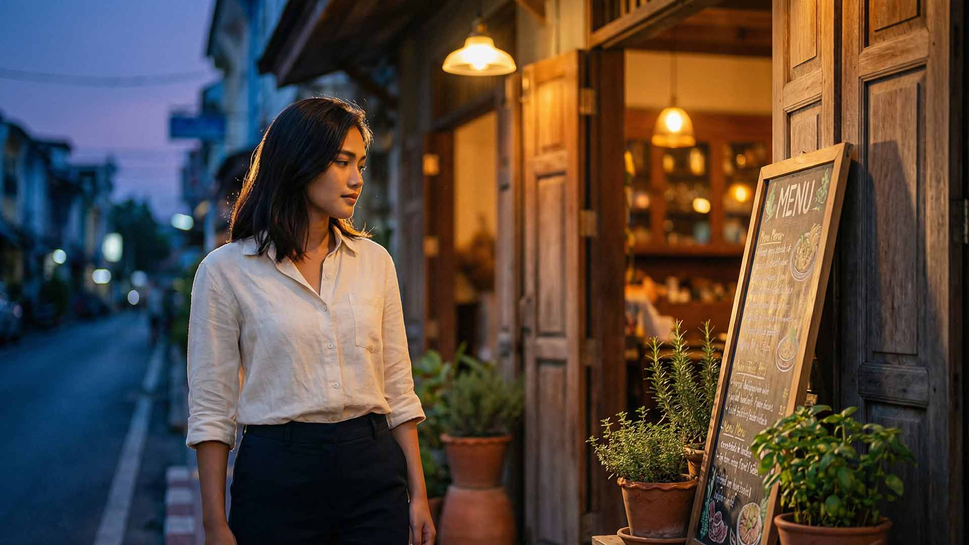 Siyu standing outside a warm-lit Patong Old Town restaurant at dusk reading a hand-illustrated chalkboard menu beside potted herbs and teak shutters