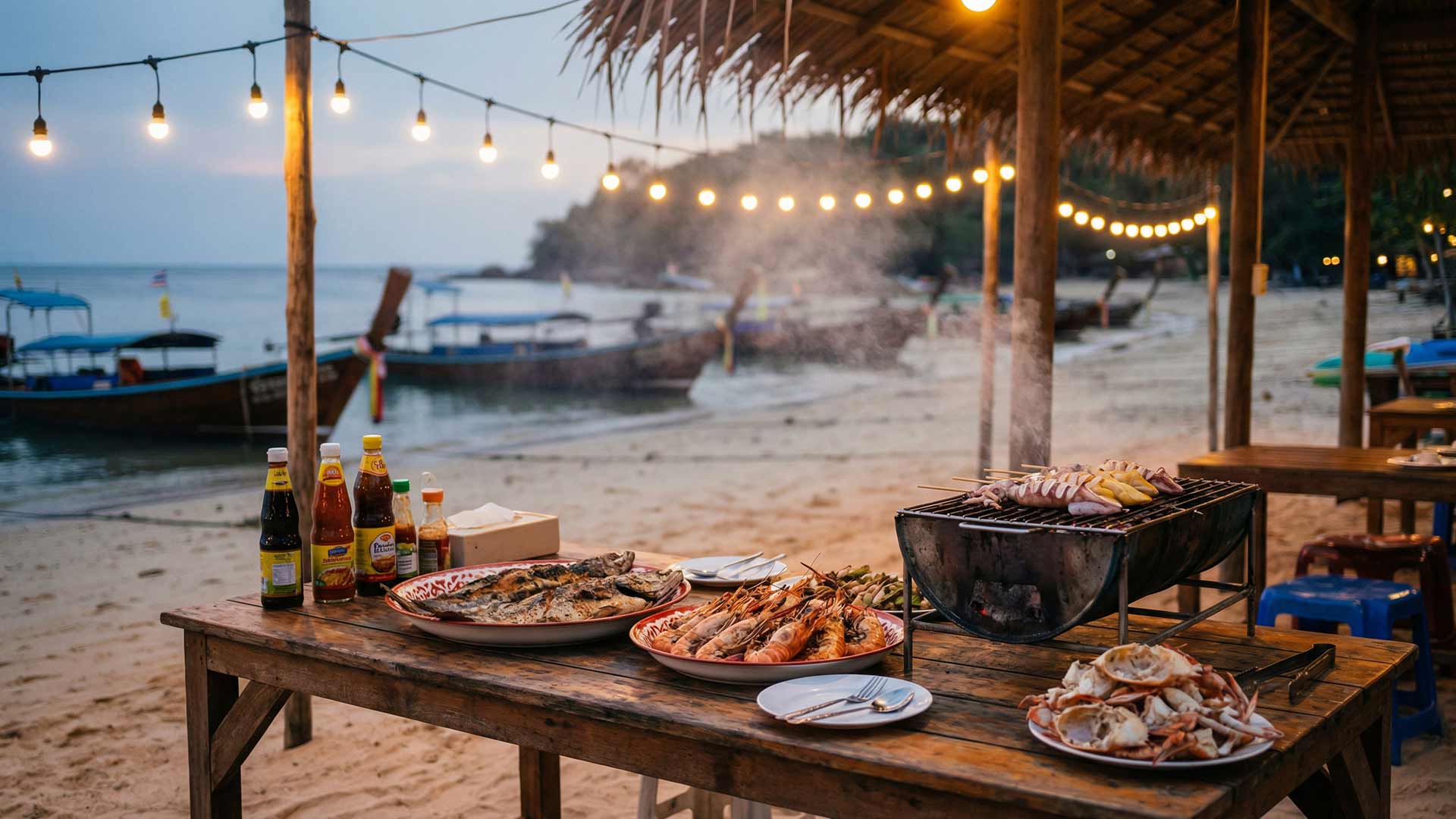 Rawai beachfront seafood barbecue spread with grilled prawns, whole fish, crab, squid skewers, Thai sauces, charcoal grill smoke, string lights, and longtail boats on the sand at dusk