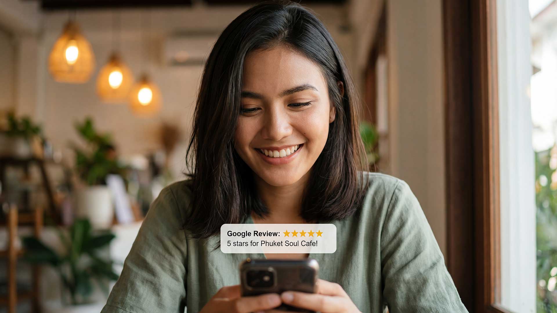5-star Google review notification on mobile phone for Phuket business