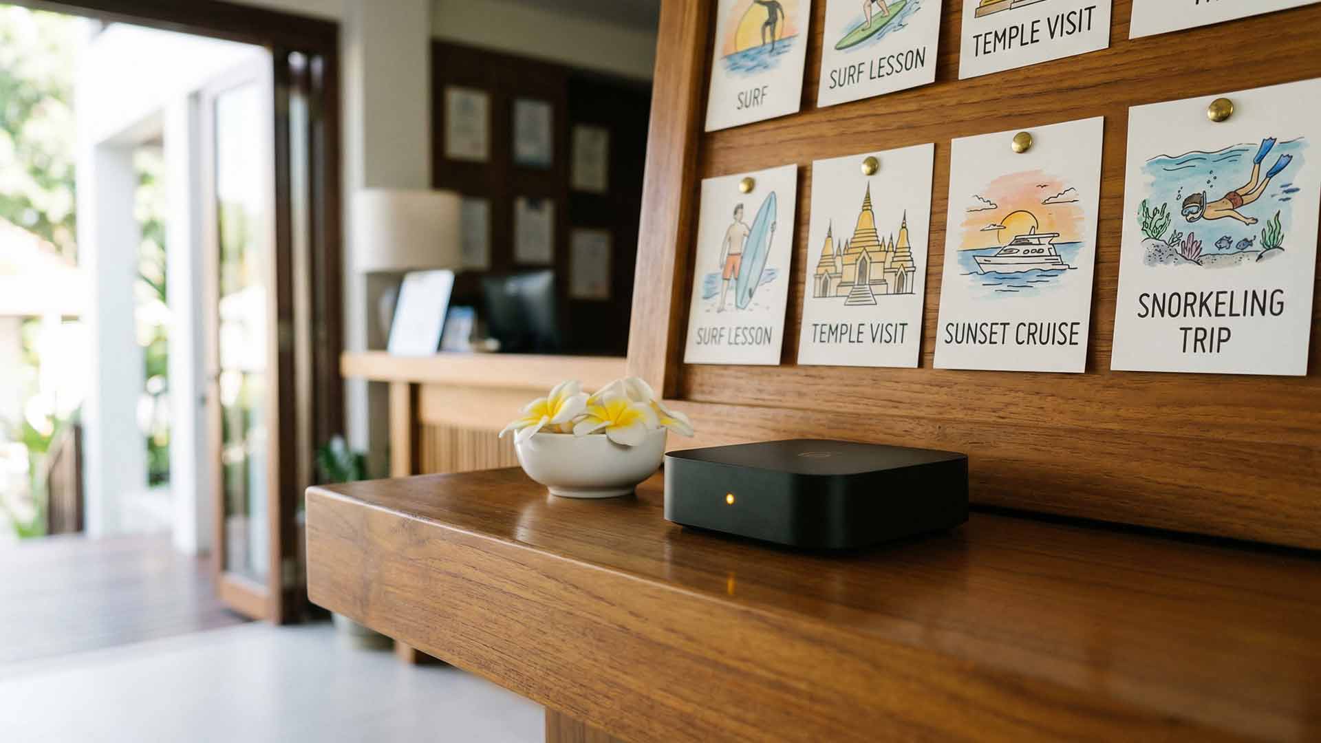 Matte-black AI hub device with amber status light on a polished teak counter beside frangipani flowers and a watercolour activity board showing surf lessons, temple visits, and snorkeling trips at a surf shop