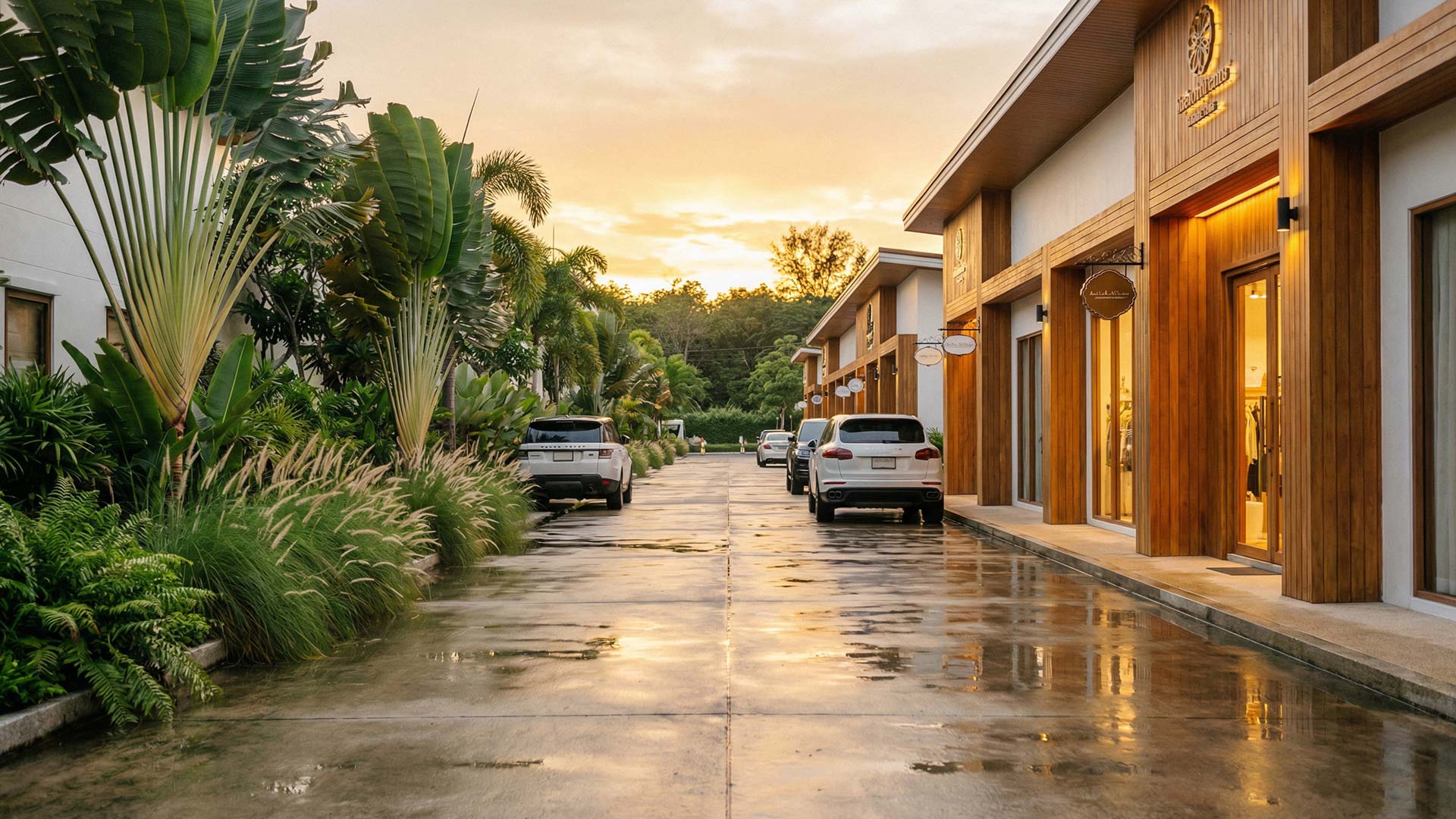 Rain-washed luxury retail corridor at sunset with teak-clad boutiques, traveller palms, ornamental grasses, and premium vehicles parked along a resort village lane in Bang Tao