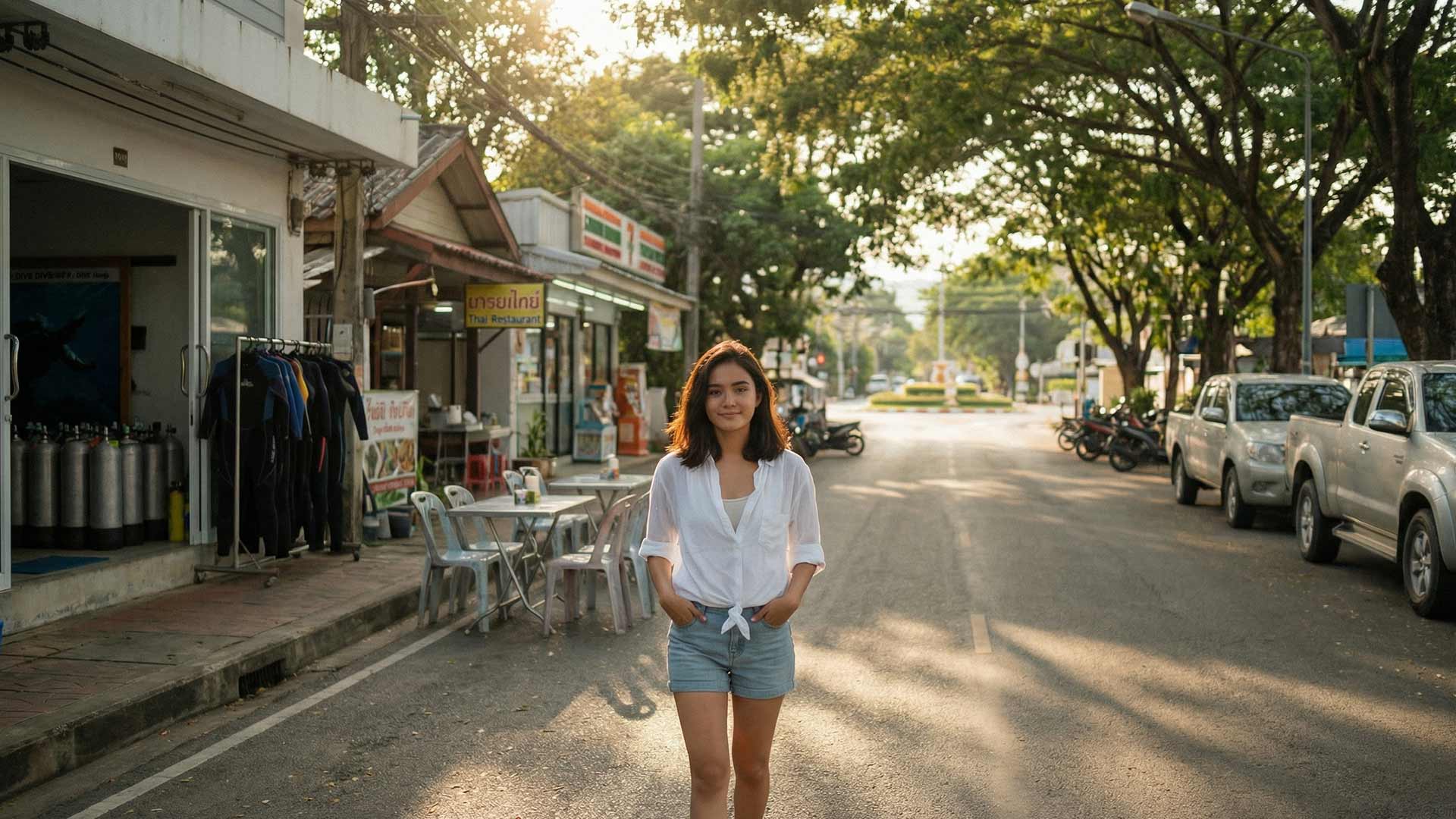 Siyu standing on a tree-lined road at golden hour with a dive shop, Thai restaurant signage, and local businesses visible along the Chalong Circle corridor