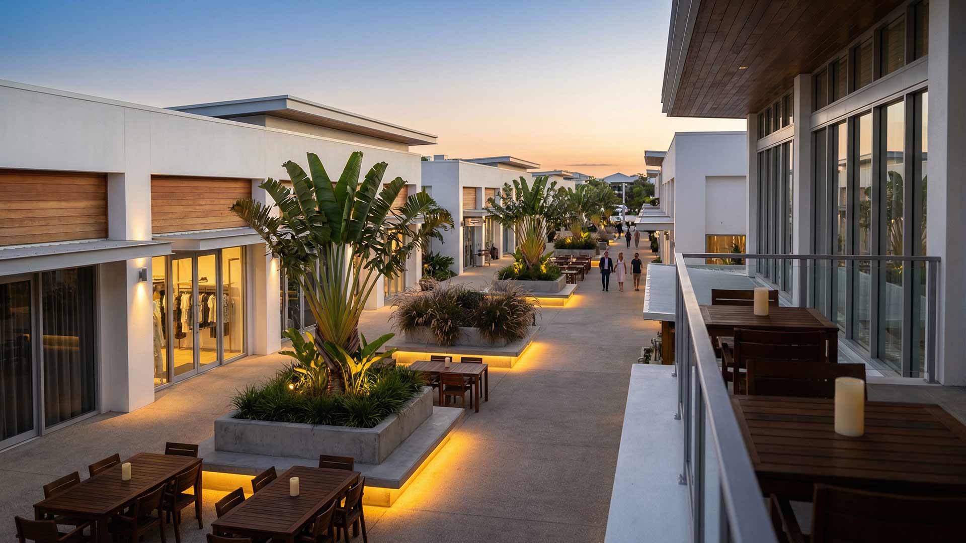 Modern luxury retail promenade in Cherng Talay at dusk with uplighting, traveller palms, and boutique dining terraces