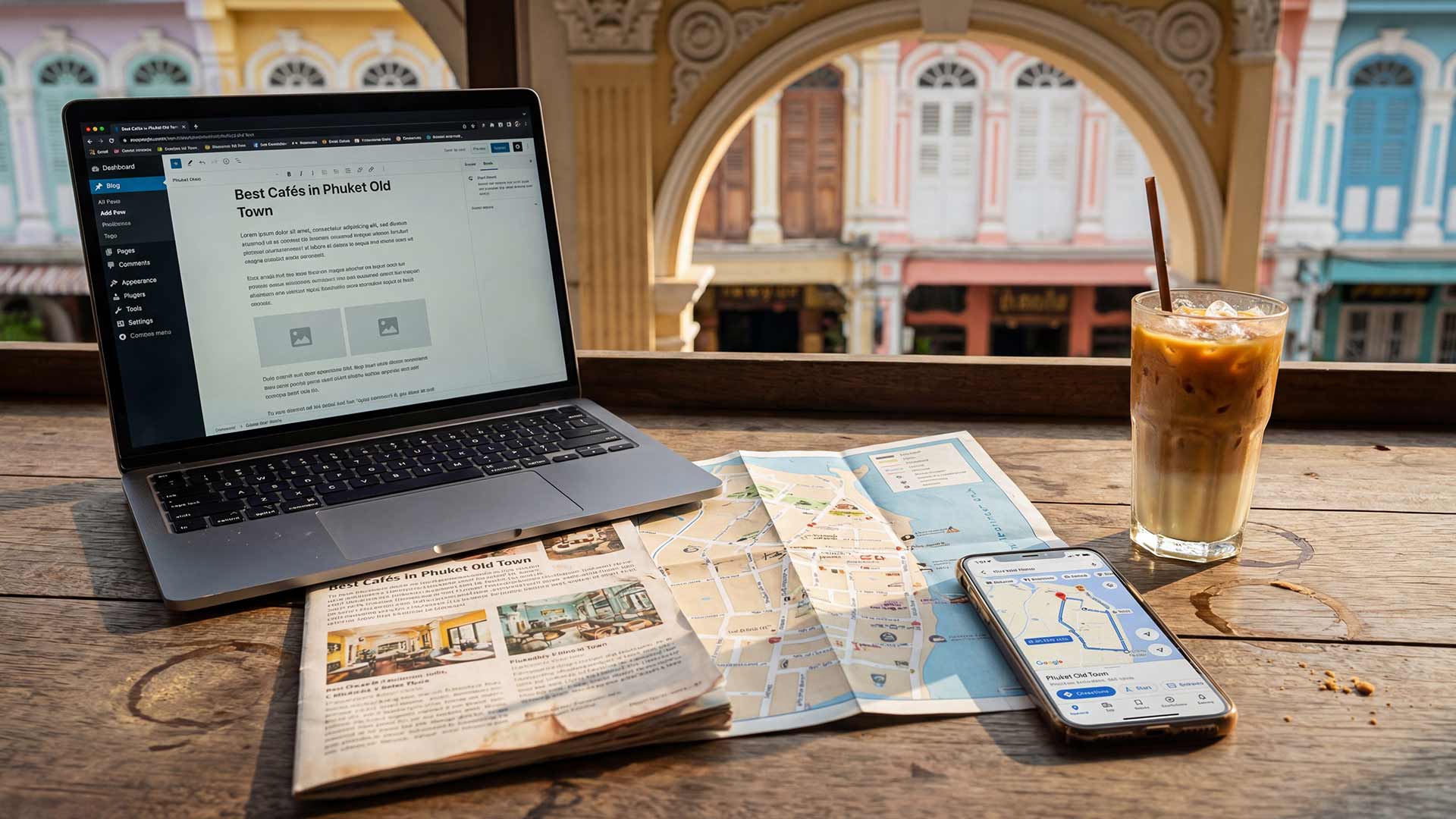 Local SEO content strategy with laptop and maps in Phuket Old Town cafe