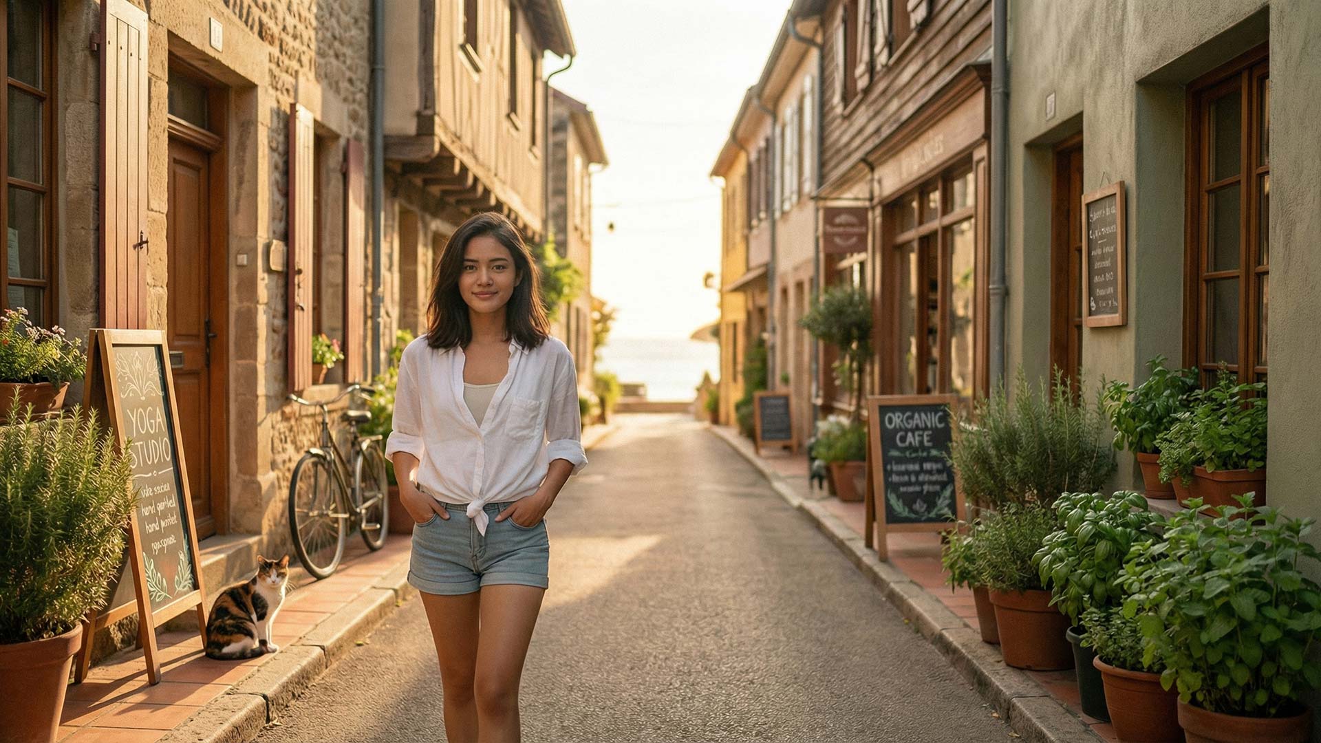 Siyu walking along a charming Kamala village road lined with yoga studios, organic cafes, and potted herbs at golden hour