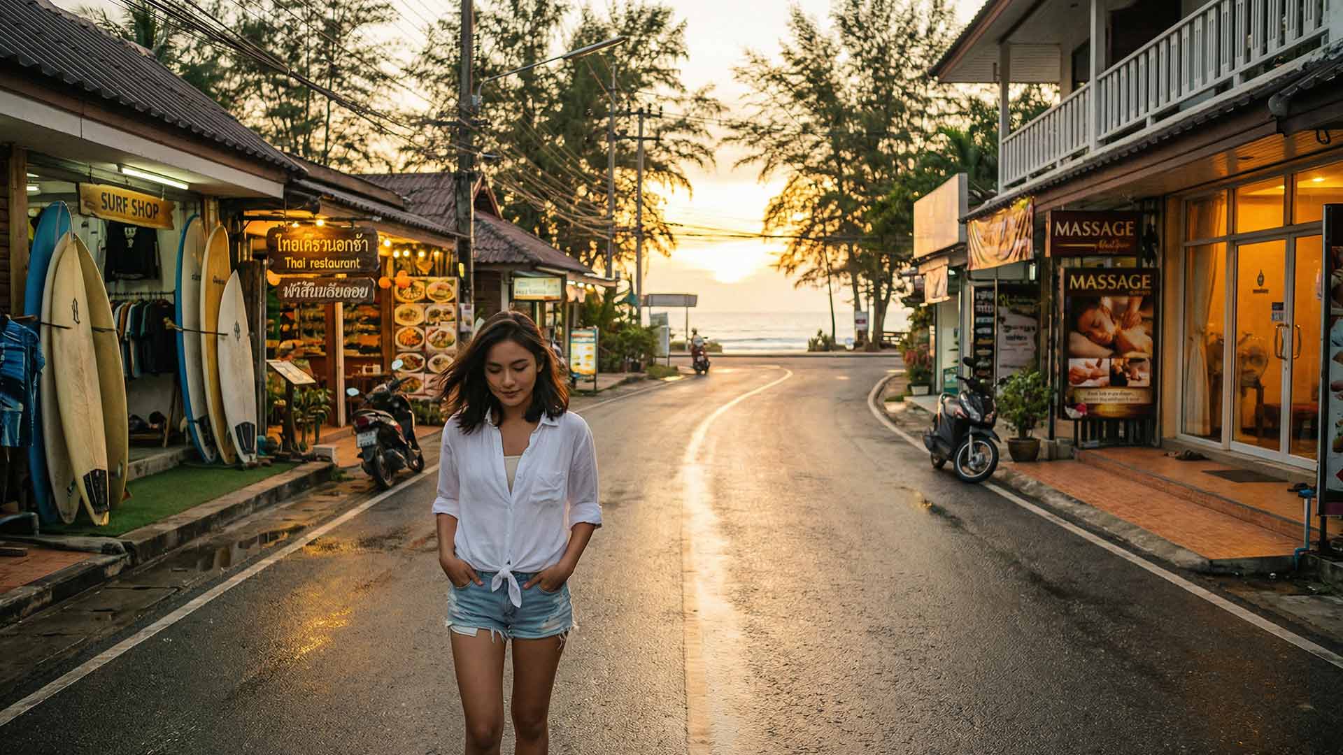 Siyu walking down the village road at golden hour with surf shops, Thai restaurant signage, massage parlours, and casuarina trees framing the sunset over the Andaman Sea