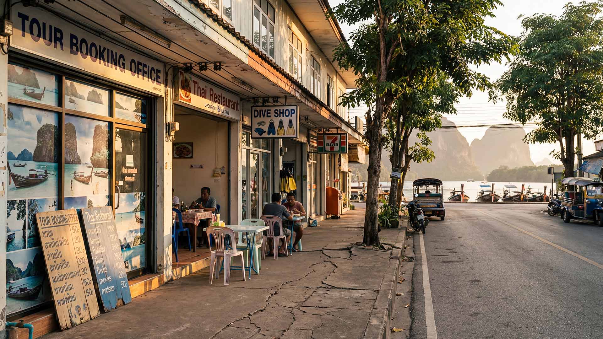 Golden-hour street scene along a riverside road with tour booking offices, Thai restaurant signage, a dive shop, and limestone karsts in the background