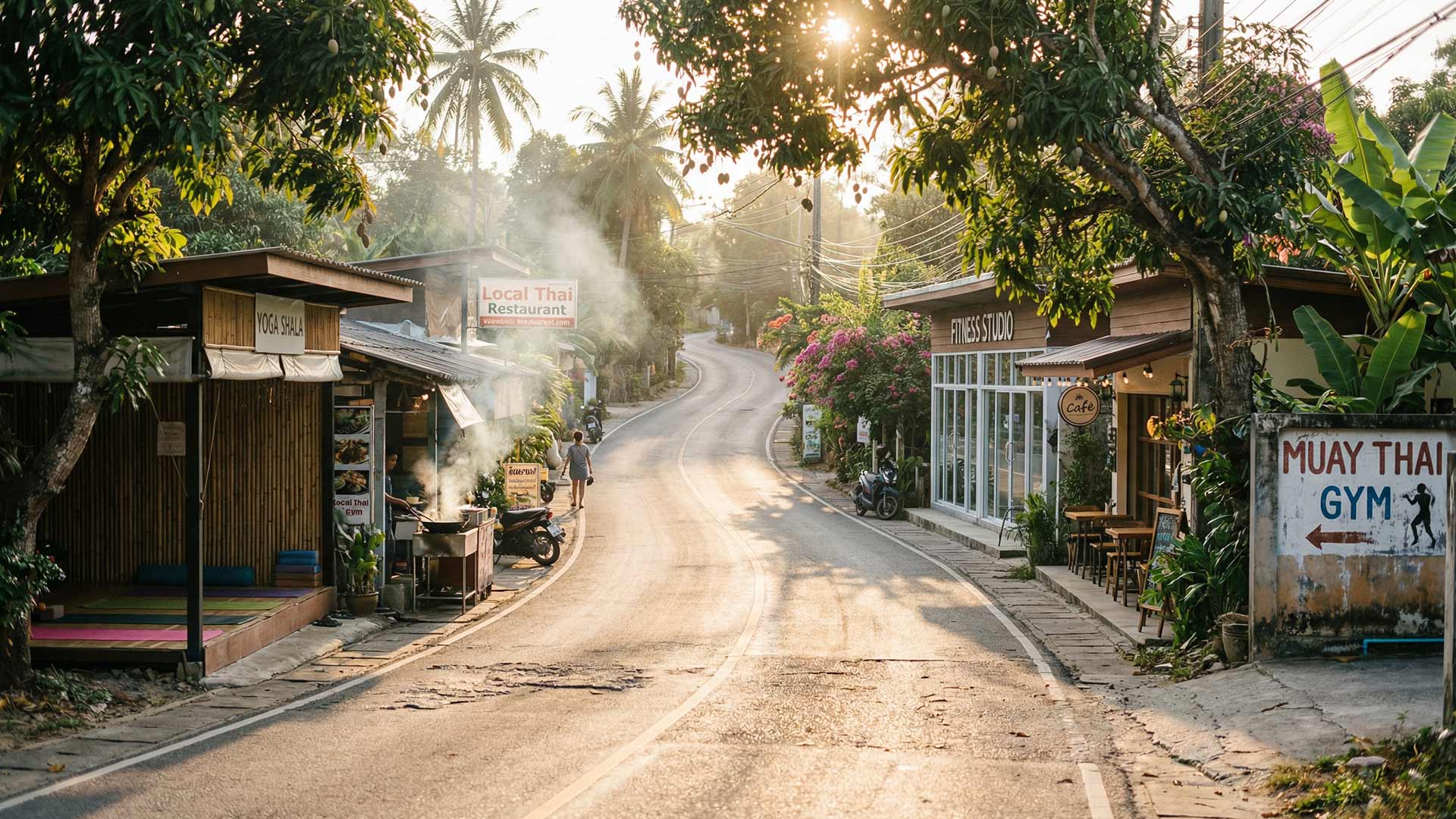 Rawai-Nai Harn road at golden hour with yoga shala, local Thai restaurant, fitness studio, Muay Thai gym, cafe, and a pedestrian walking through cooking smoke under mango trees