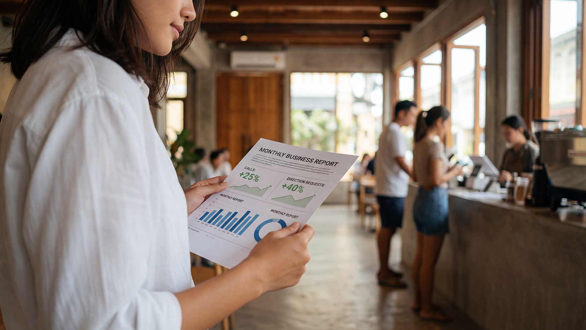 Business owner reviewing monthly local SEO performance report in Phuket cafe