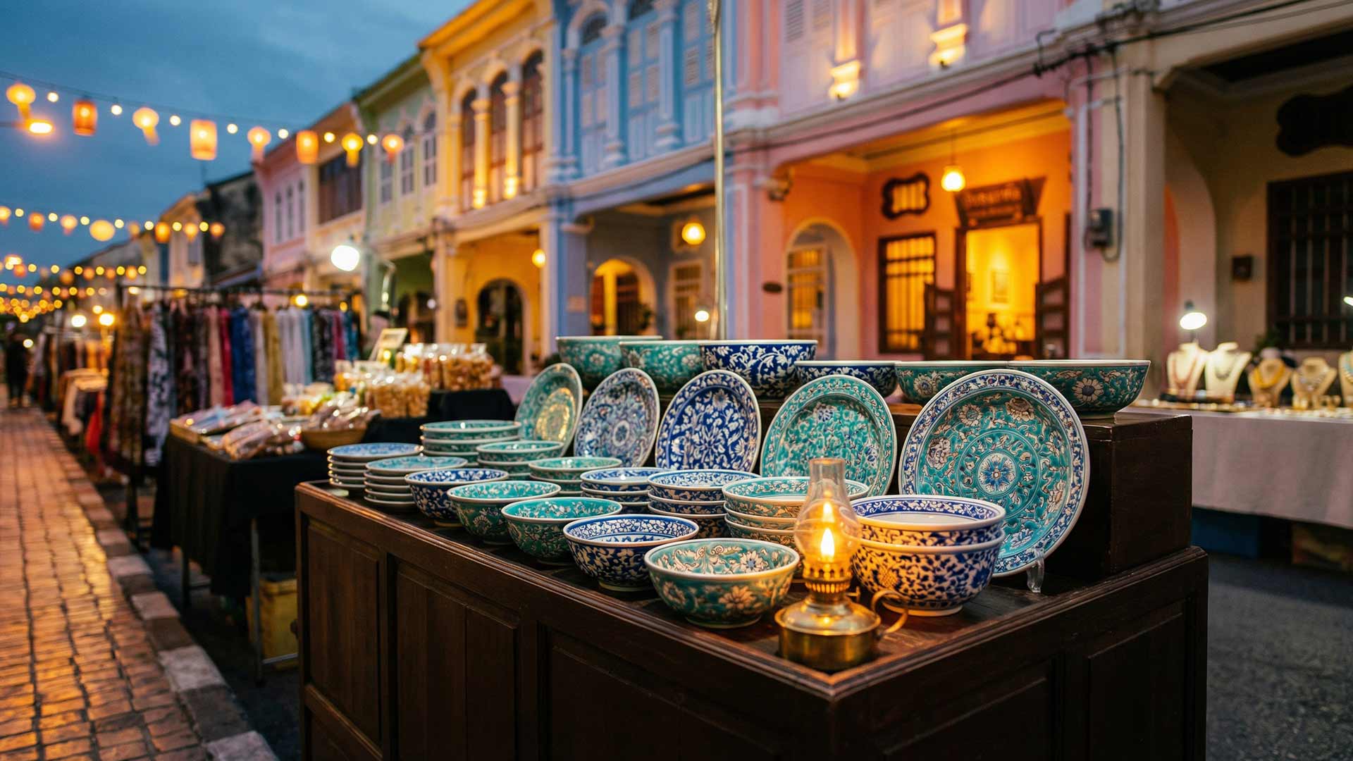 Peranakan ceramic bowls and plates displayed on a dark wood table at the Thalang Road Walking Street market with Sino-Portuguese shophouses at dusk