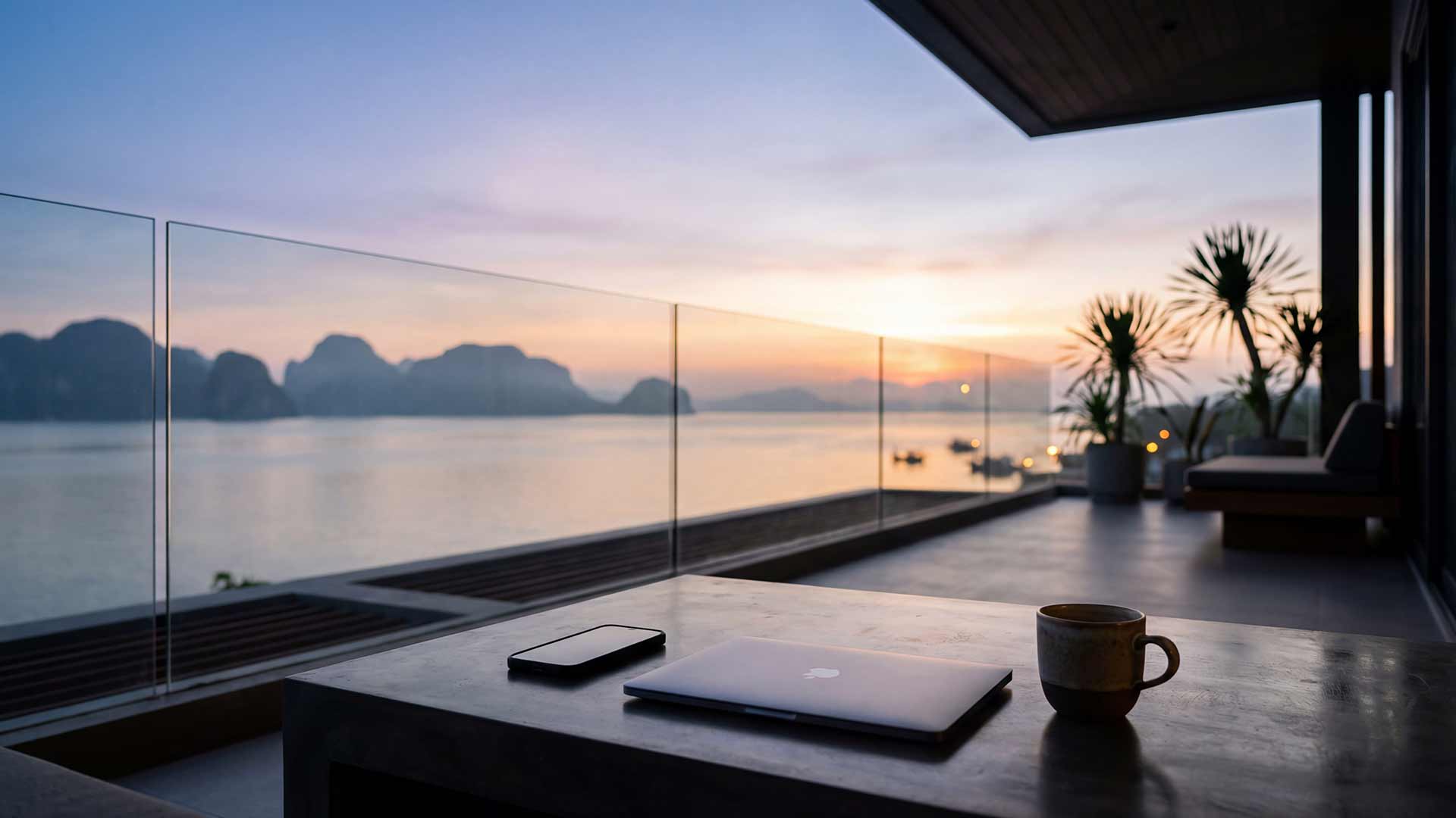 Premium workspace overlooking Phang Nga Bay at sunset