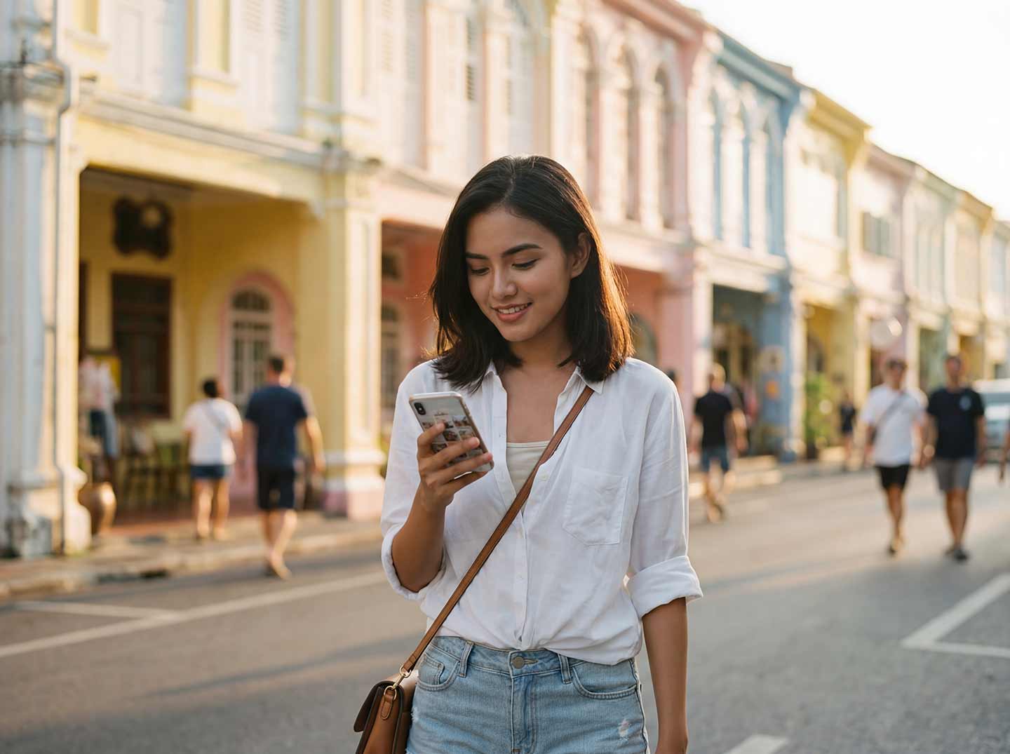 Digital brand presence on smartphone in Phuket Old Town street scene