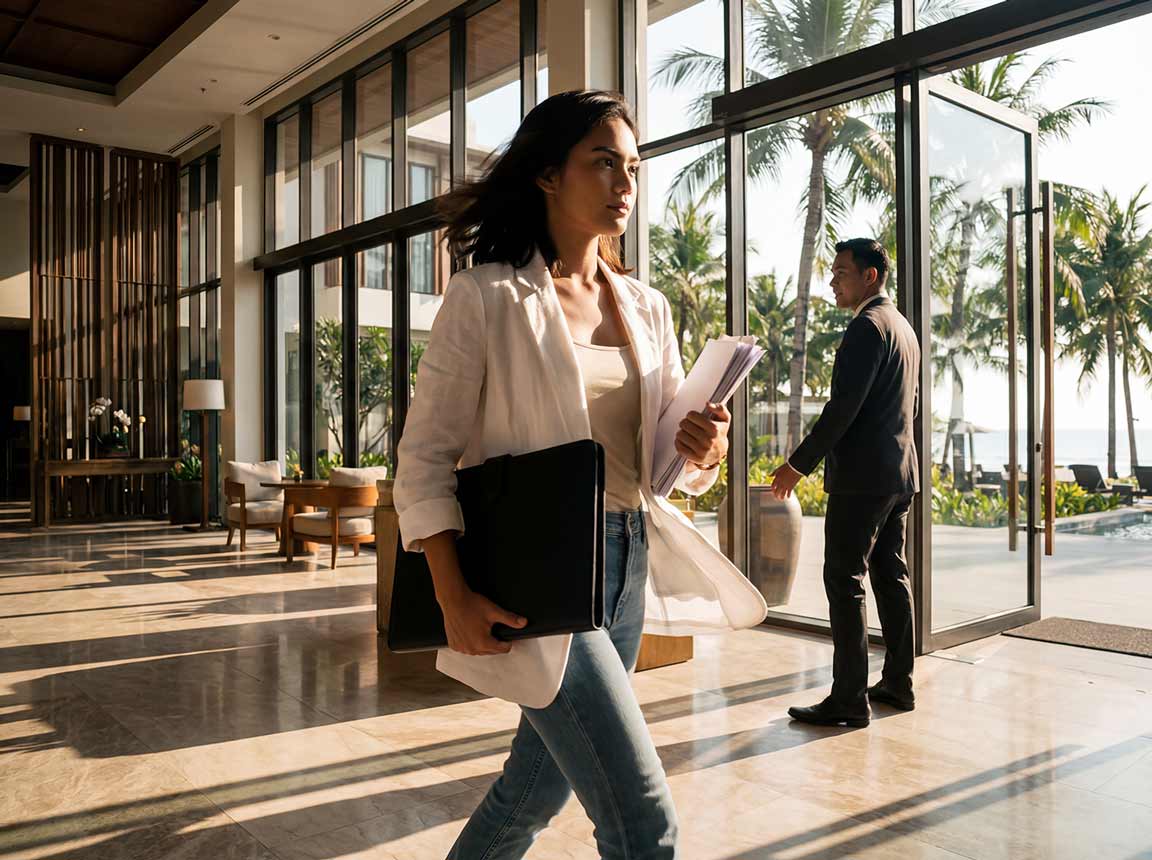 Brand strategist reviewing rebranding presentation in Phuket creative studio