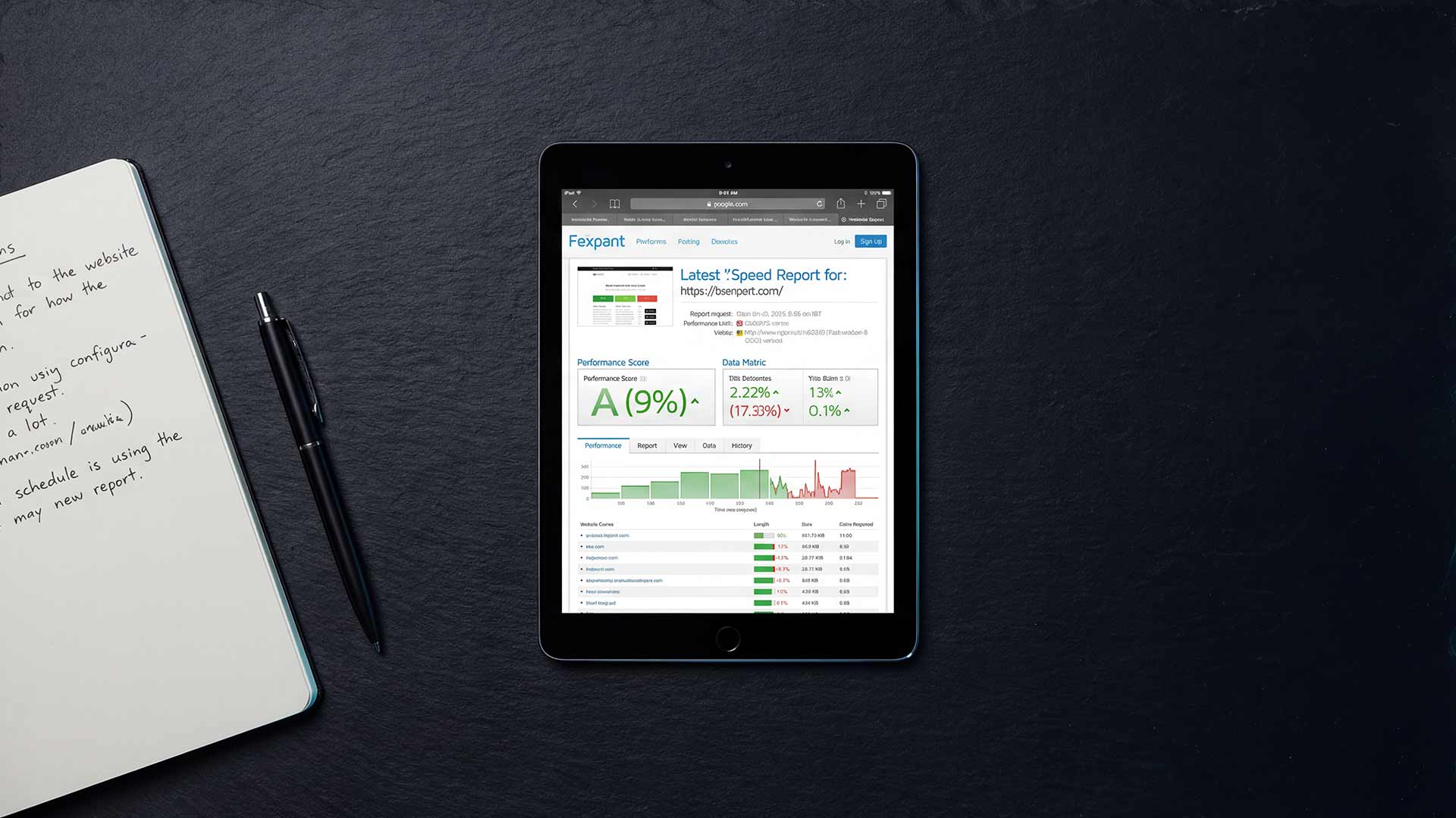 iPad displaying website speed report with performance scores