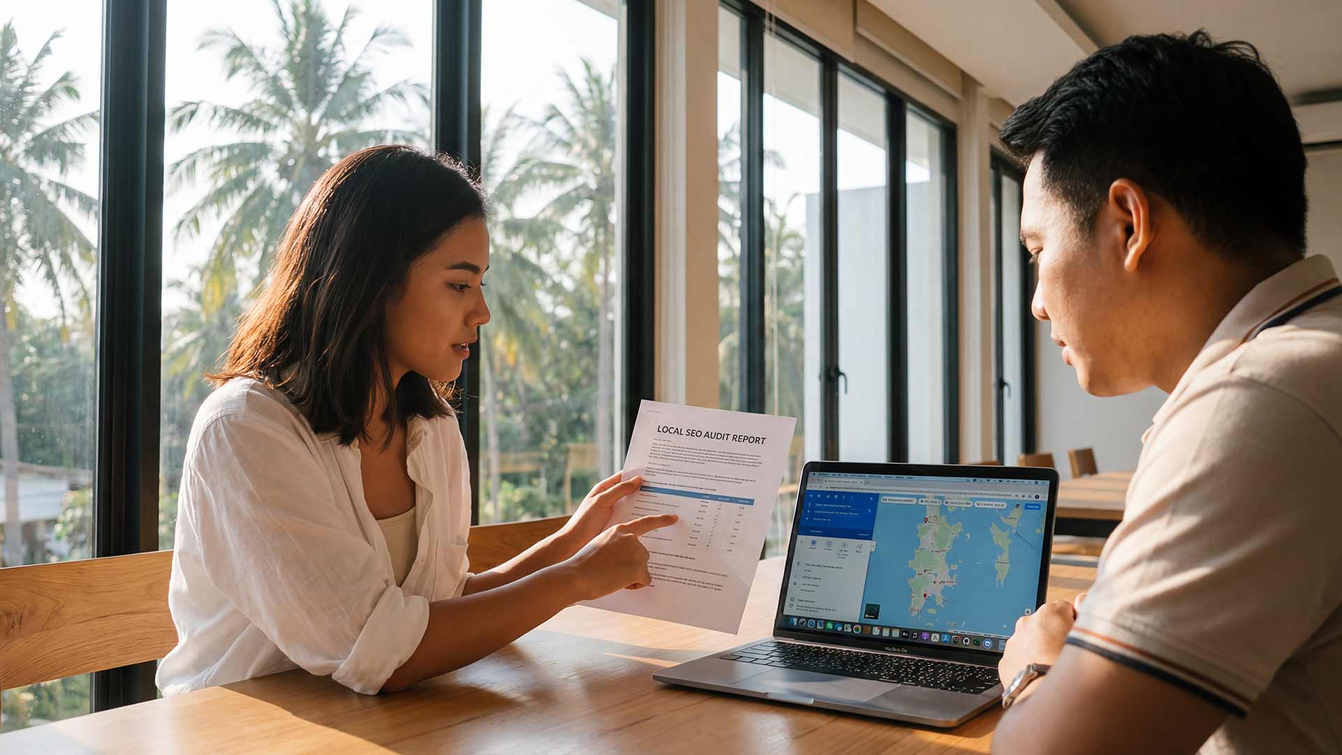 Local SEO consultant presenting audit report to Phuket business owner