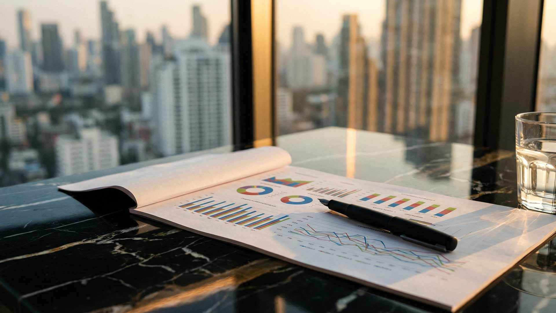 Open analytics report with bar charts and trend lines on a black marble executive desk beside a glass of water with city skyline visible through floor-to-ceiling windows at golden hour