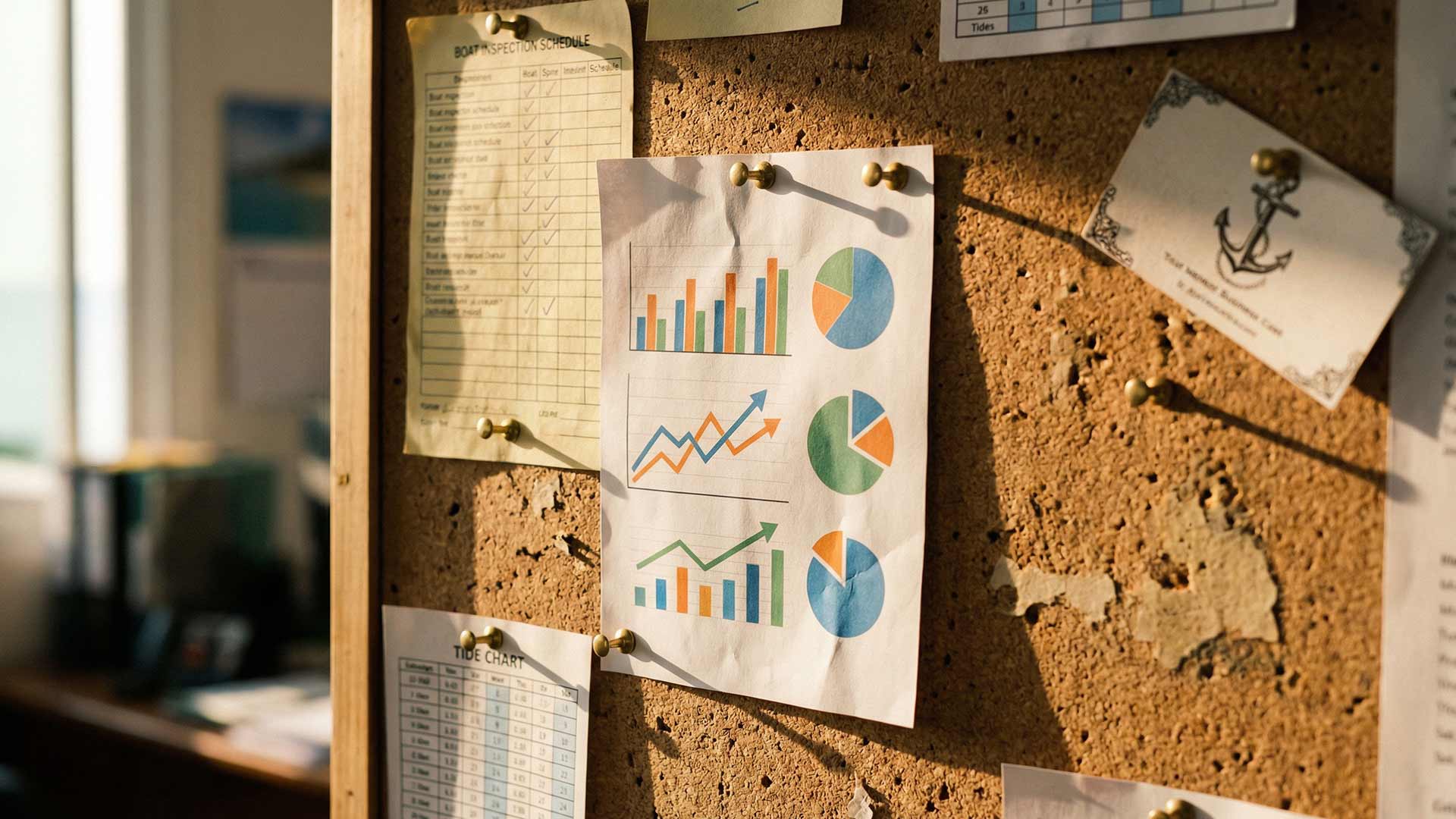 Analytics charts with rising bar graphs and pie charts pinned to a corkboard alongside a boat inspection schedule, tide chart, and anchor postcard in a marina office