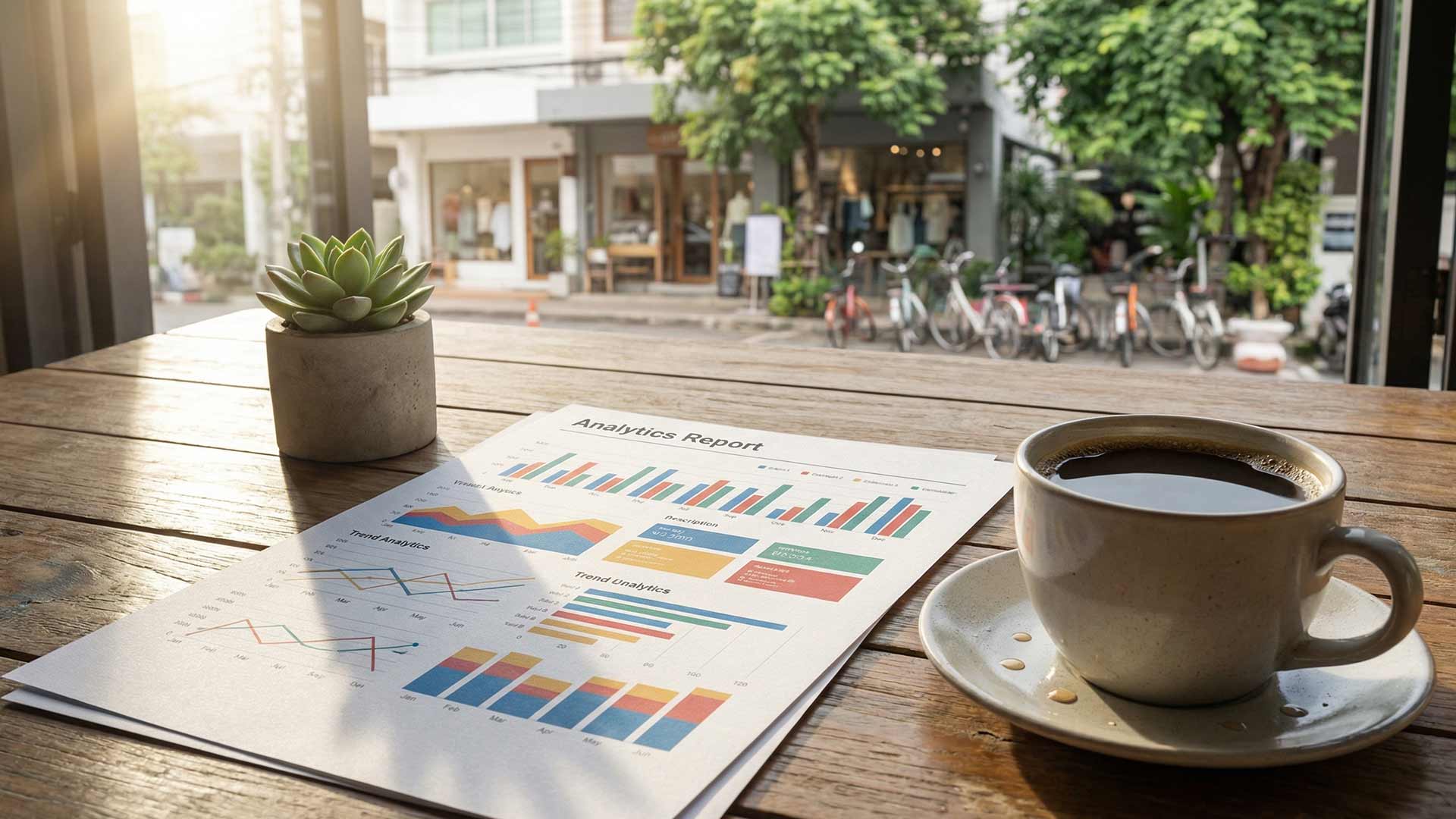 Printed analytics report with trend charts beside a ceramic coffee cup and succulent on a teak cafe table overlooking Nimmanhaemin Road in Chiang Mai