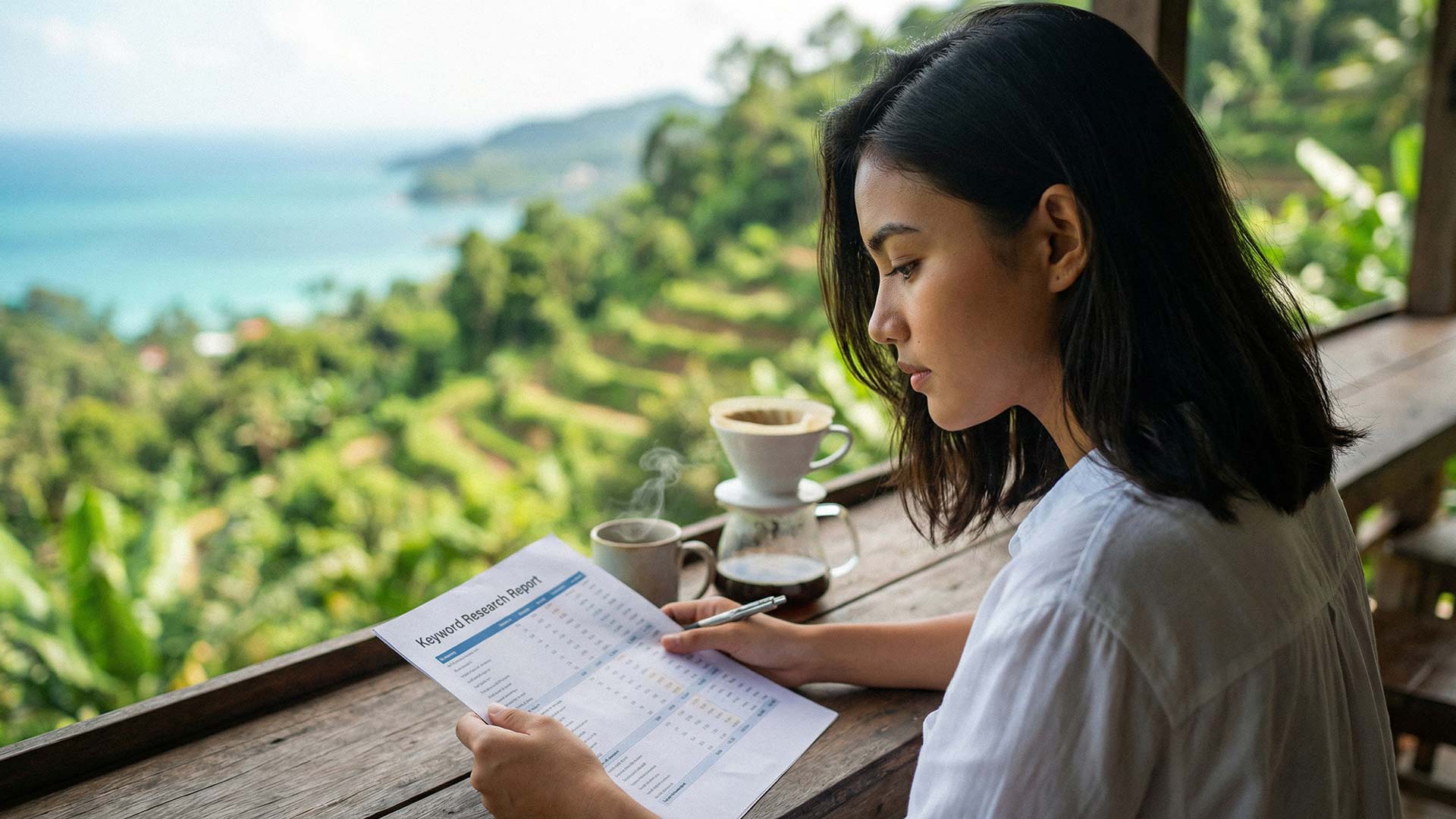 Siyu reviewing a keyword research report at a hillside cafe overlooking Kamala Bay with pour-over coffee and tropical greenery