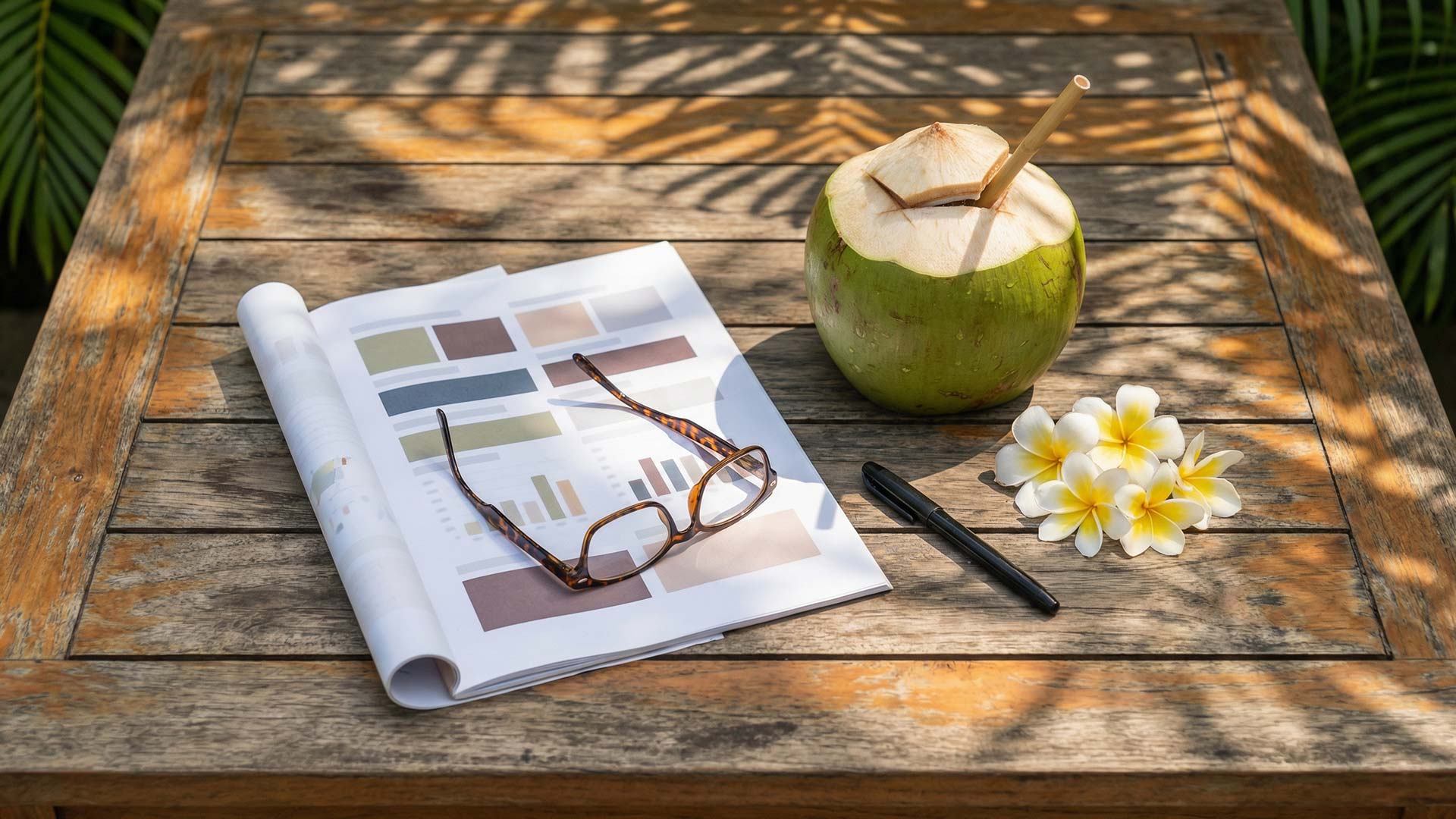 Printed analytics report with colour bar charts beside tortoiseshell glasses, a fresh coconut, frangipani flowers, and a pen on a sun-dappled teak table under palm shadows
