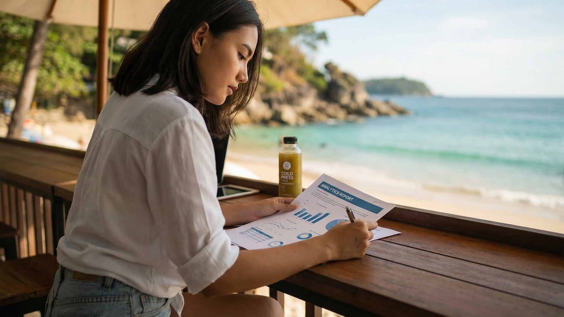 Siyu reviewing an analytics report with bar charts at a beachfront bar counter under a parasol with rocky headland and turquoise water behind her