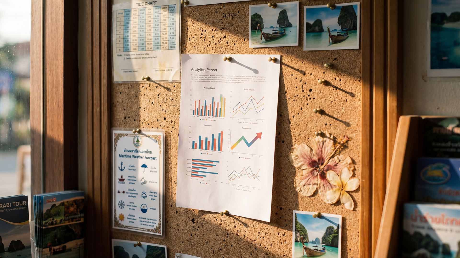 Analytics report pinned to a corkboard alongside a tide chart, maritime weather forecast, and island postcards in a tour operator office