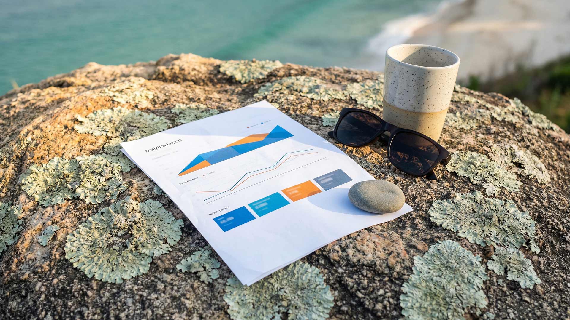 Analytics report with blue and amber charts resting on a lichen-covered boulder beside sunglasses and a ceramic cup with turquoise Andaman Sea visible below