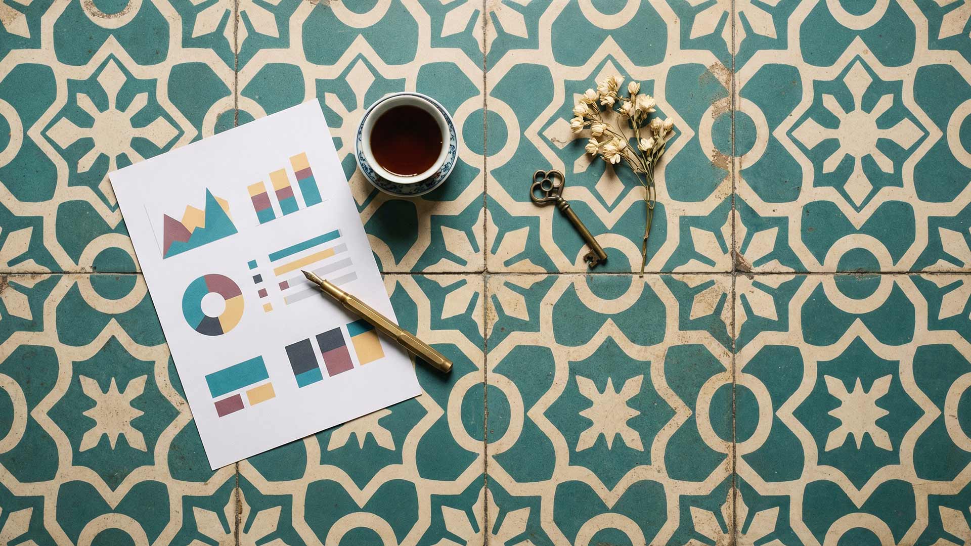 Printed analytics report with colourful charts on Peranakan floor tiles beside a brass pen and Chinese tea cup in Phuket Town
