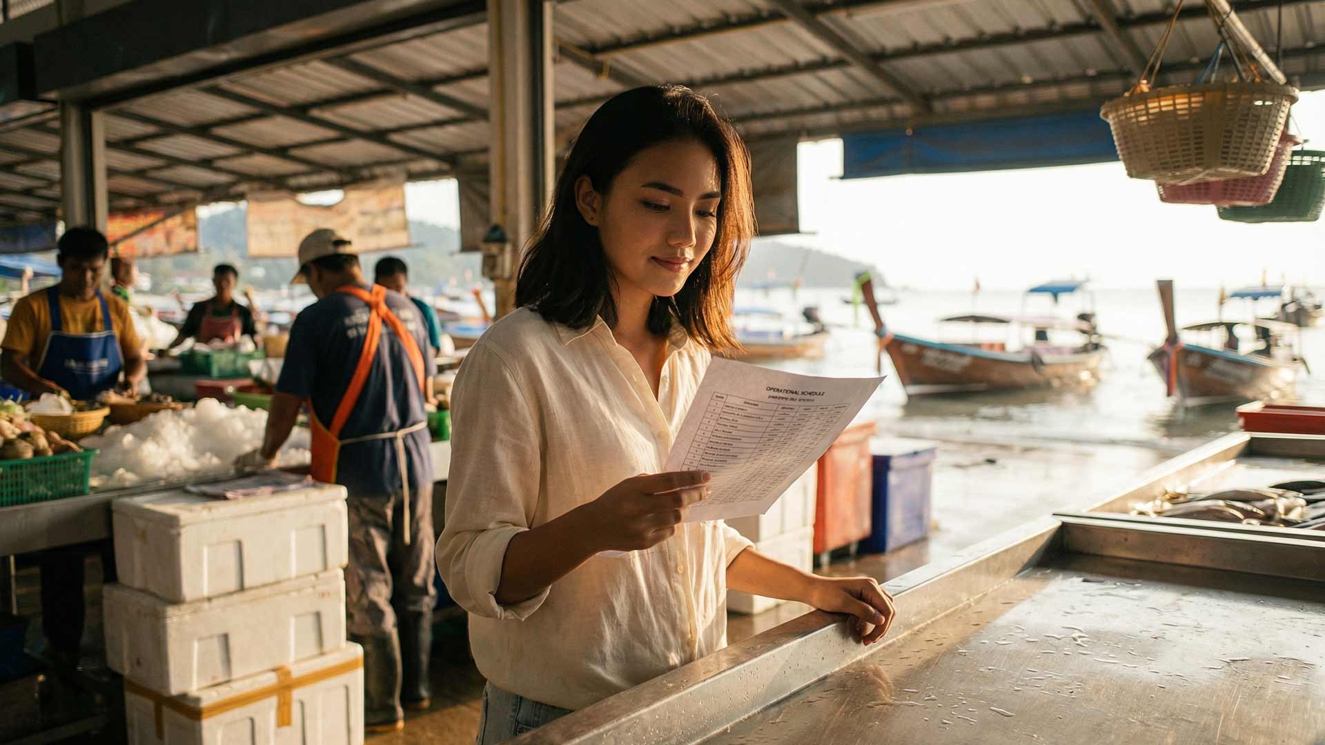 Siyu reading an operational schedule at a stainless steel counter inside Rawai seafood market with fishermen, ice boxes, longtail boats, and hanging baskets behind her