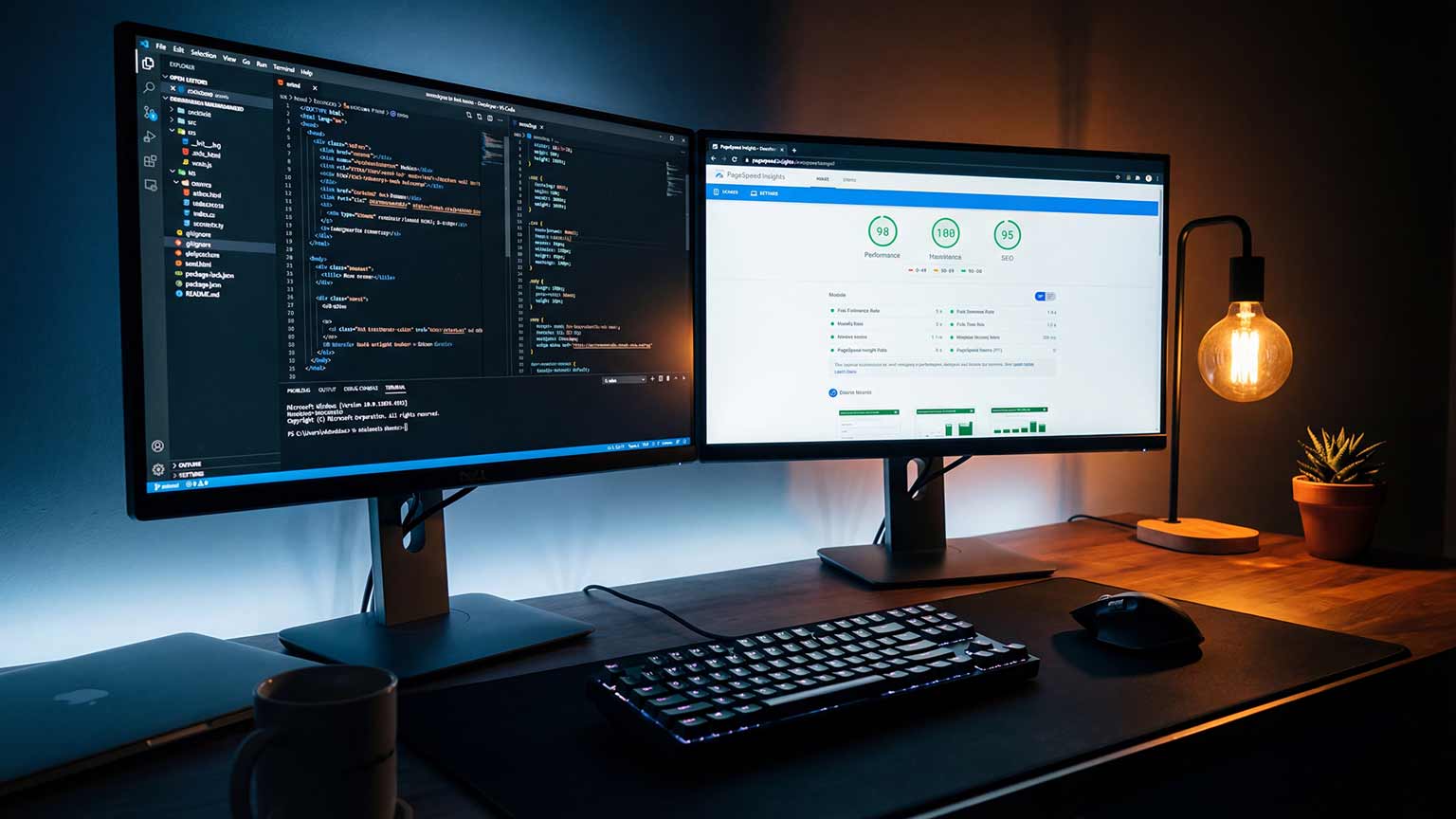 Technical SEO audit showing Core Web Vitals scores on dual monitors