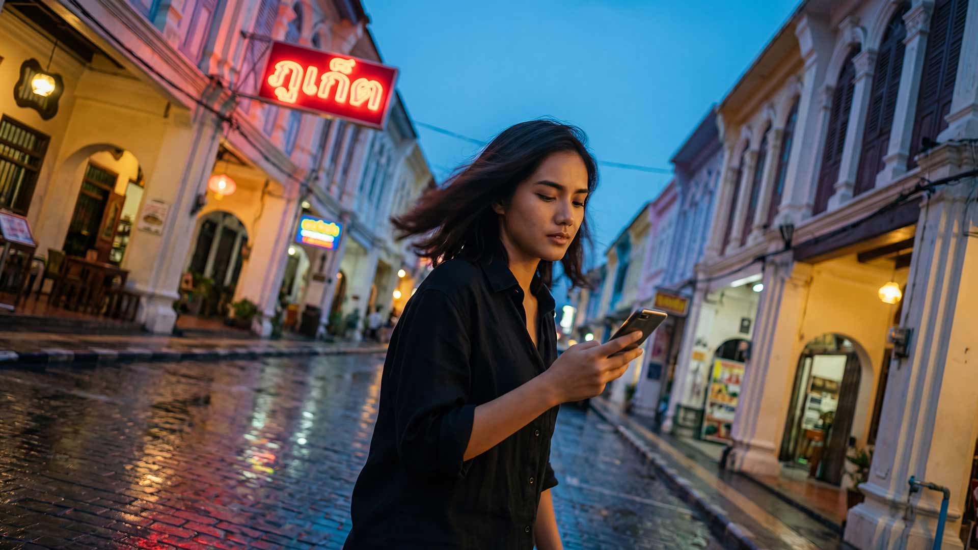 SEO specialist checking phone on rainy Phuket Old Town street