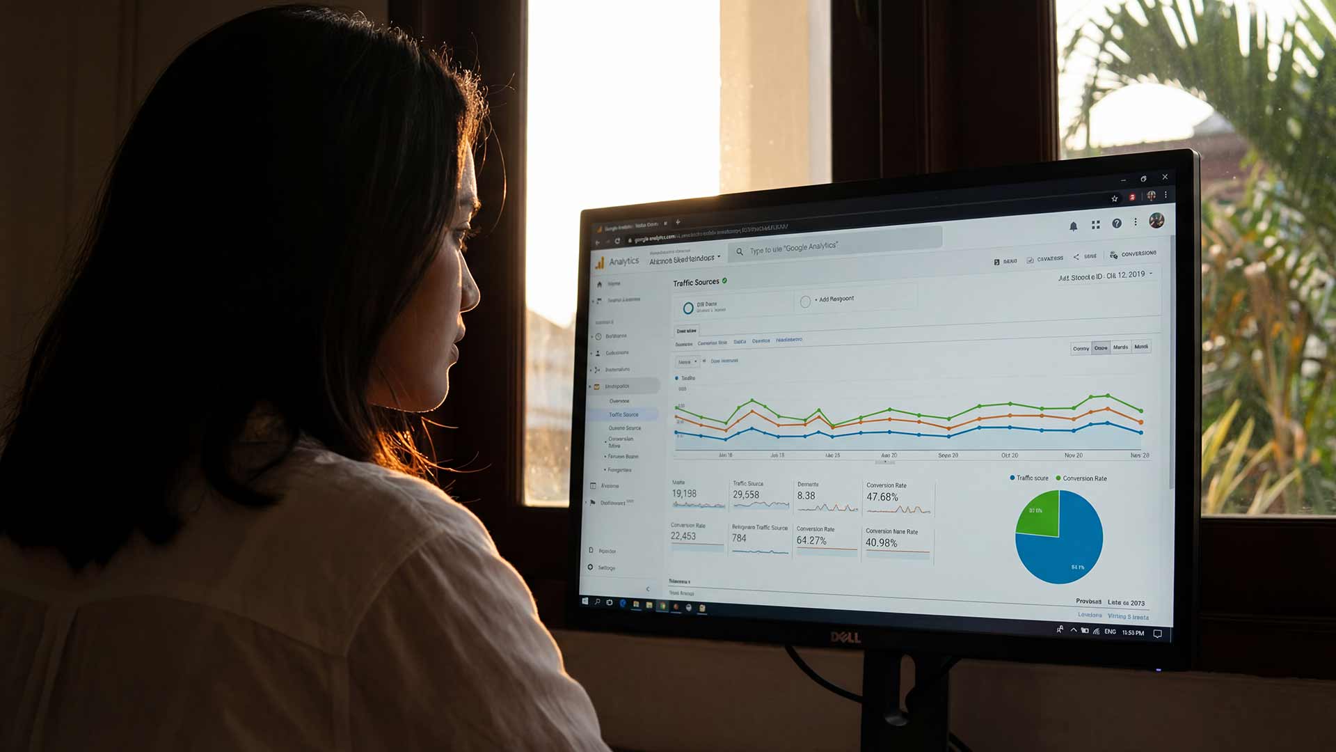 Reviewing Google Analytics traffic data on desktop monitor
