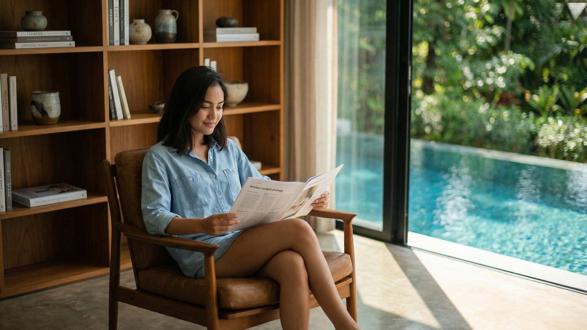 Siyu reviewing a printed content strategy document in a mid-century leather armchair beside floor-to-ceiling glass overlooking a private pool and tropical garden at a Bang Tao villa studio