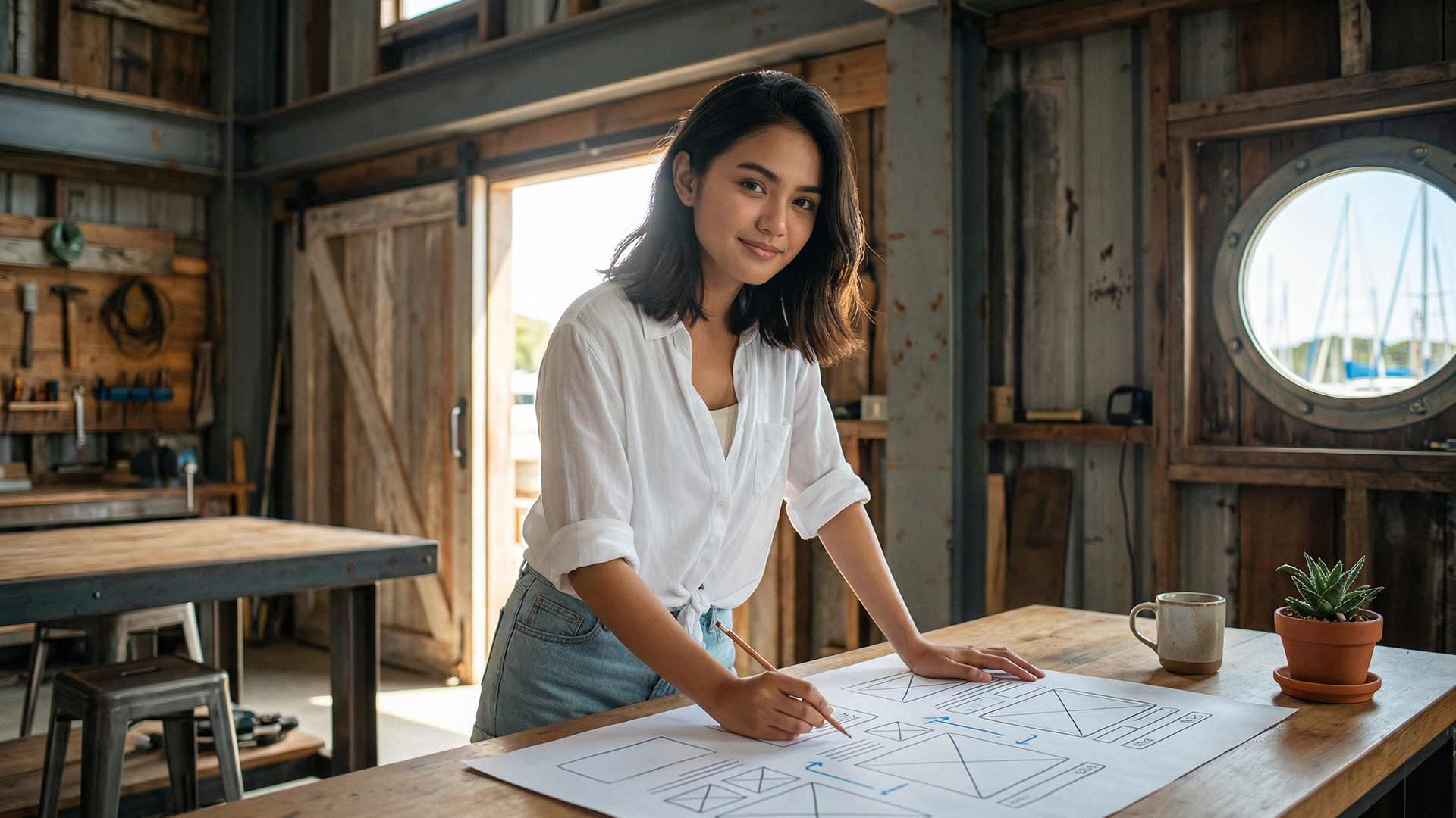 Siyu sketching website wireframes at a reclaimed-timber workbench inside a converted shophouse with porthole window showing yacht masts, sliding barn door, and a succulent beside a ceramic mug