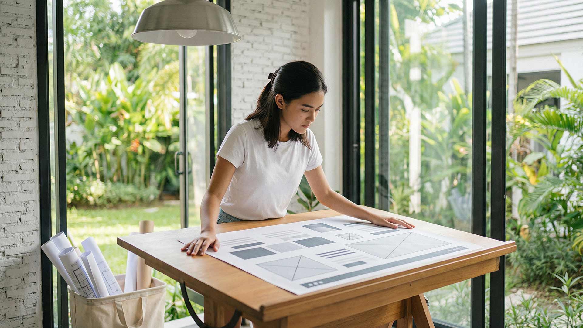 Siyu reviewing website wireframe layouts at a bright loft studio desk with tropical garden visible through floor-to-ceiling windows