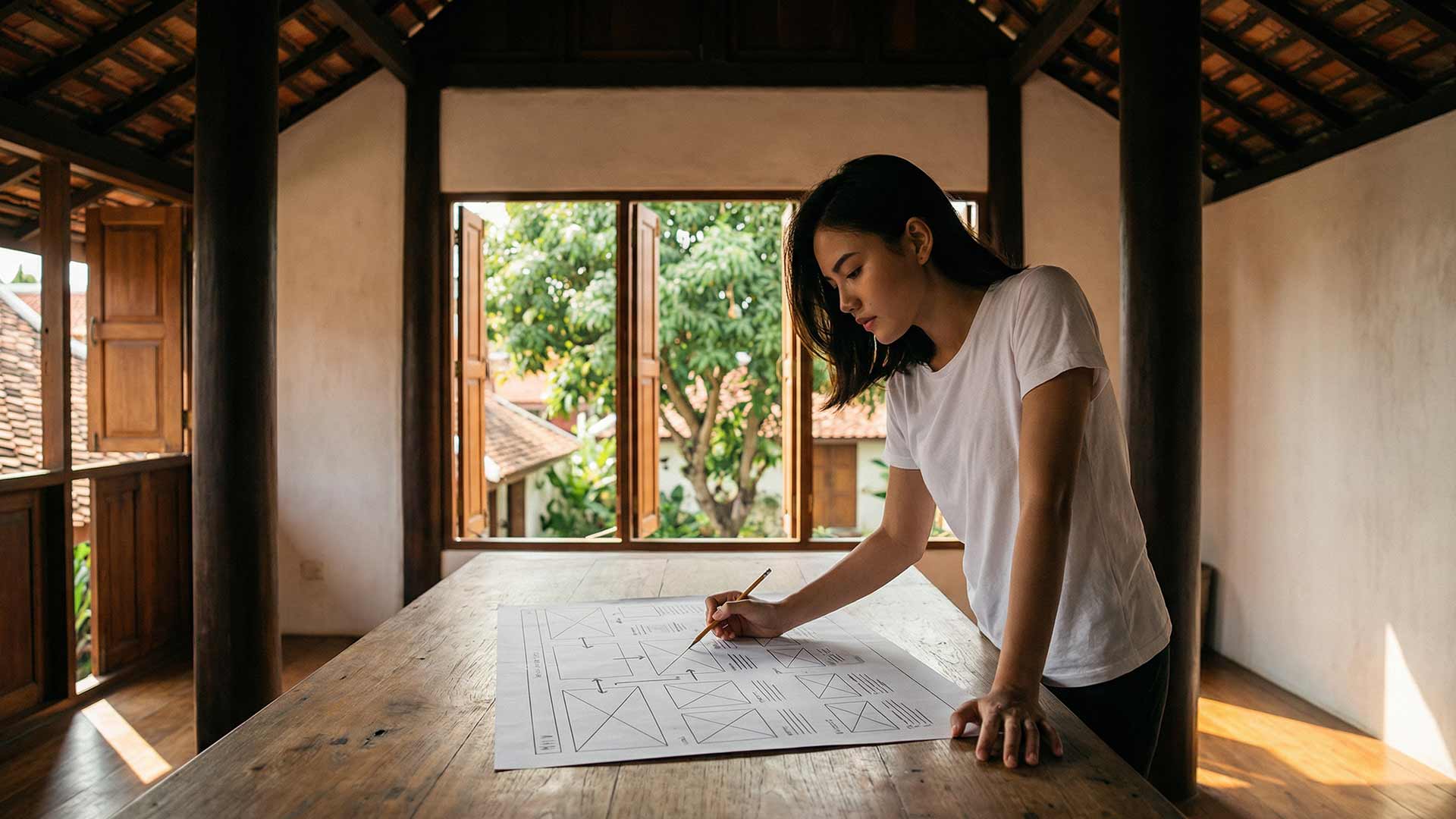 Siyu sketching wireframes at a teak table inside a Lanna-style pavilion with dark timber columns and garden view