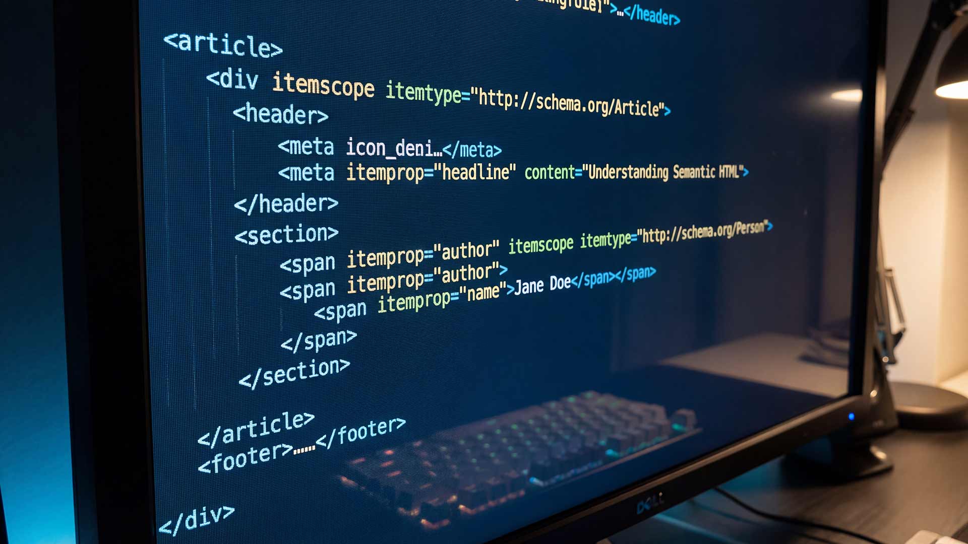 Semantic HTML code with schema.org markup on screen